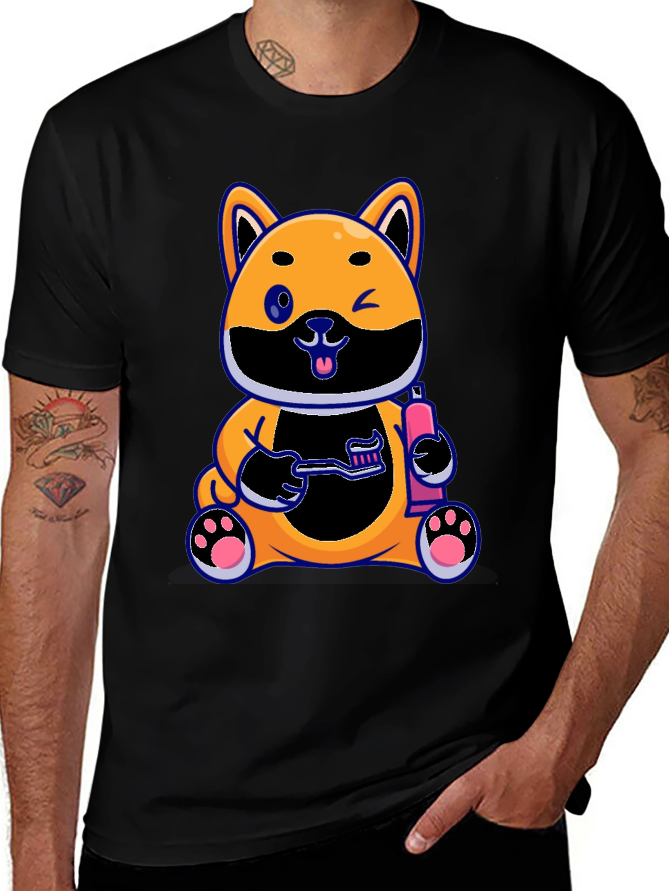 Variant 9 of Cute Dog with Toothbrush Graphic Black T-Shirt