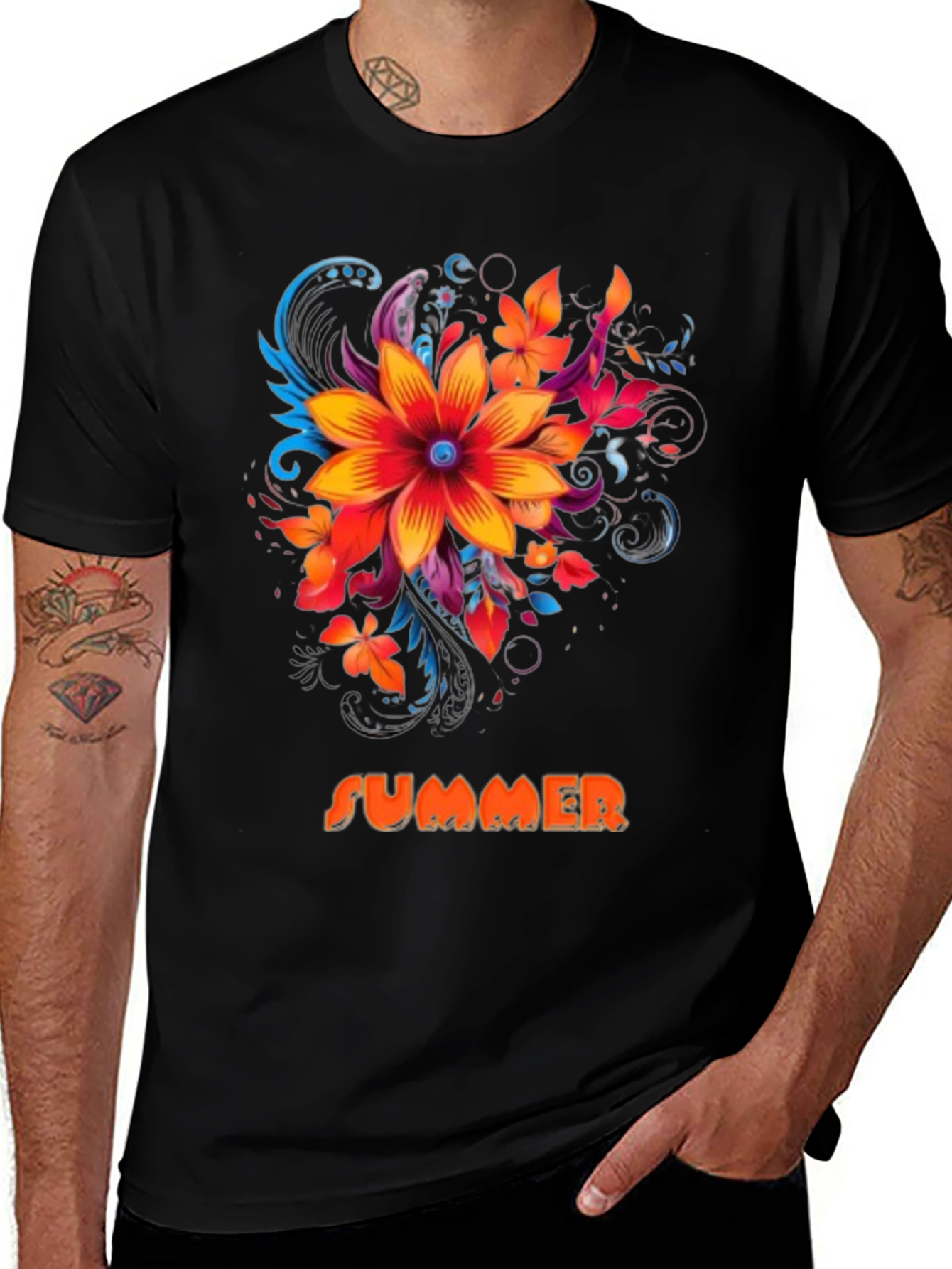 Variant 11 of Summer Floral Graphic Print Men's Black T-Shirt