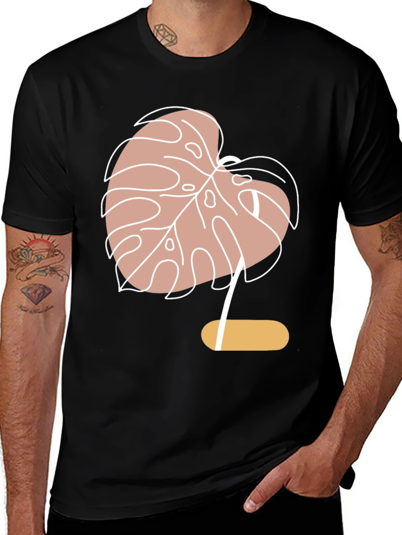 Minimalist Monstera Leaf Graphic Tee - Black
