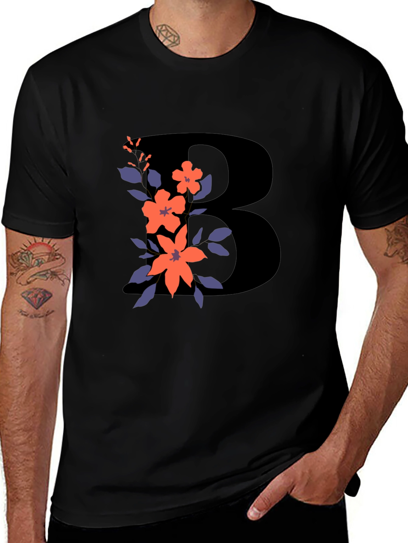 Variant 24 of Floral Initial B Black T-Shirt