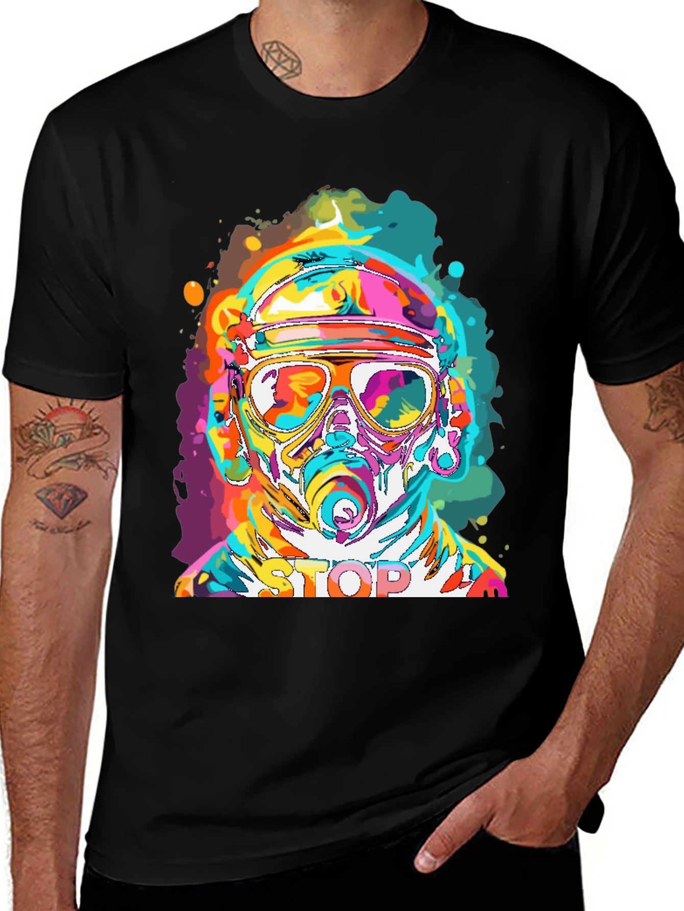 Variant 30 of Vibrant Stop Graphic Tee - Men's Black Crew Neck