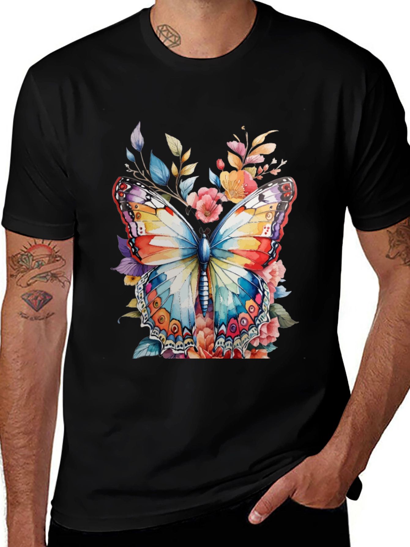 Variant 17 of Butterfly Floral Graphic Tee - Soft Black Cotton