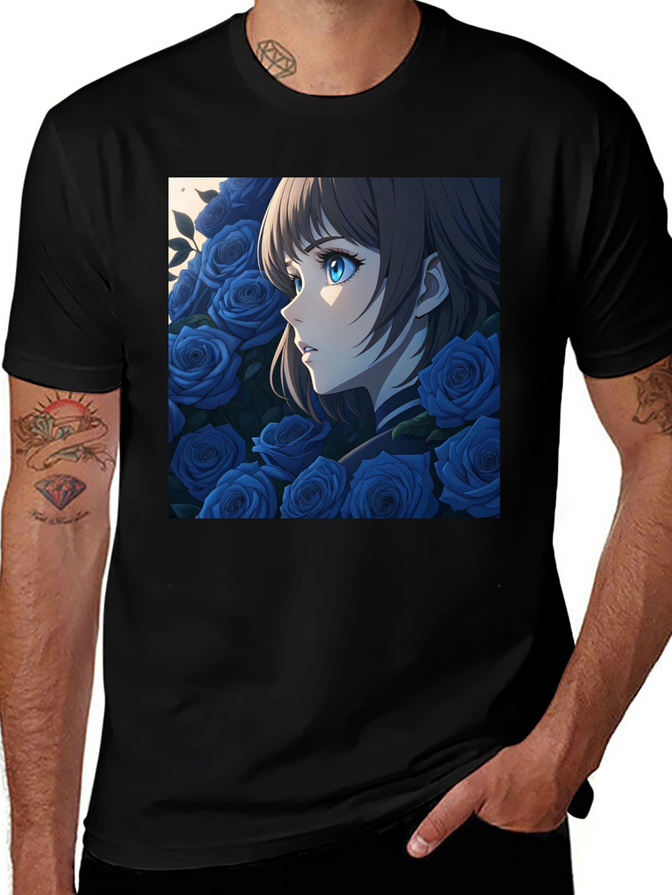 Variant 12 of Anime Girl Blue Roses Graphic Black T-Shirt