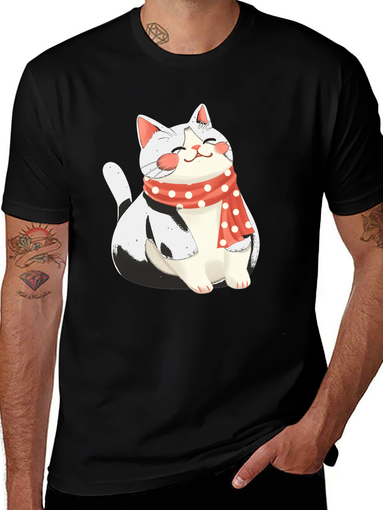 Variant 19 of Cute Cat with Scarf Graphic Tee - Black
