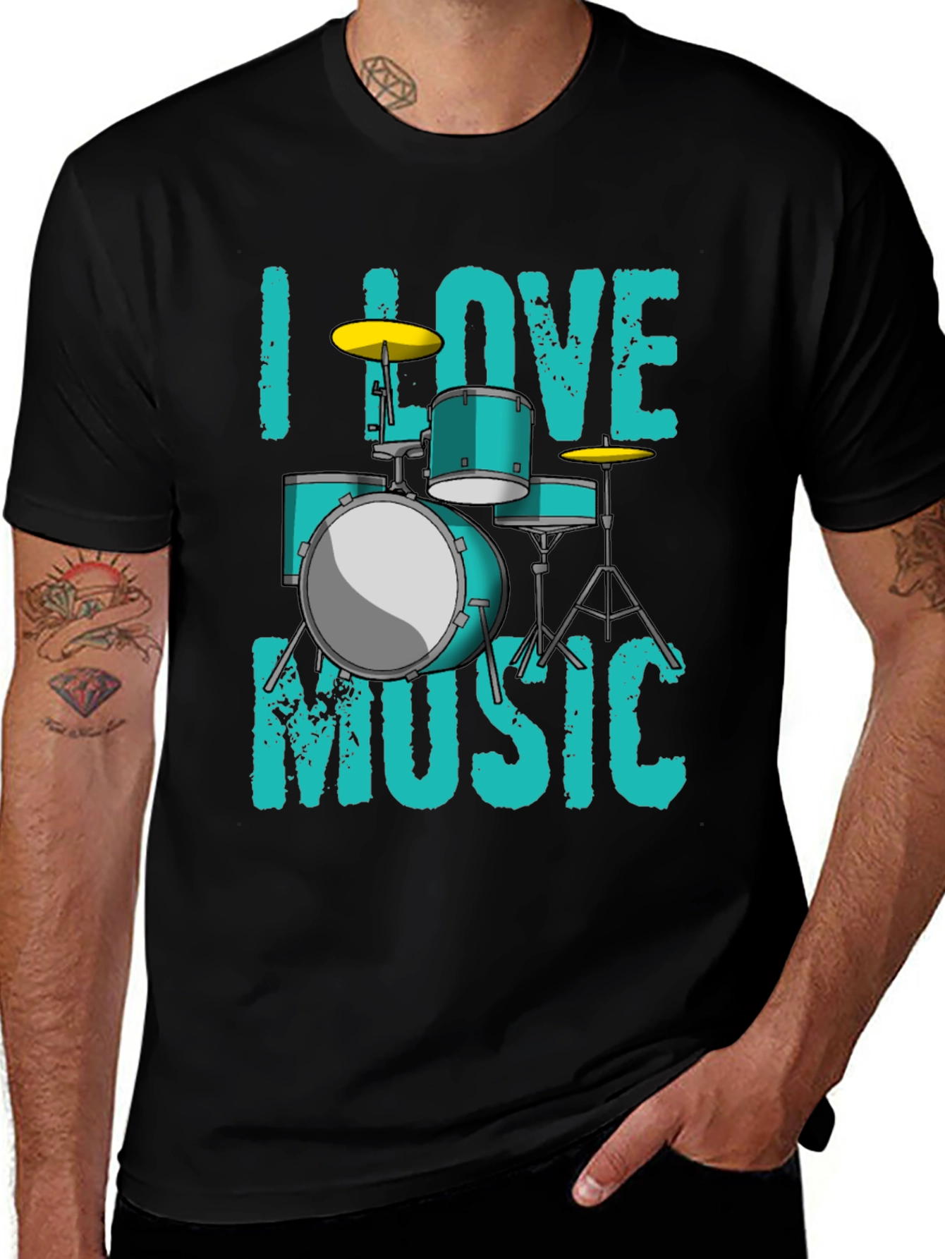 Black I Love Music Drum Set Graphic T-Shirt main image