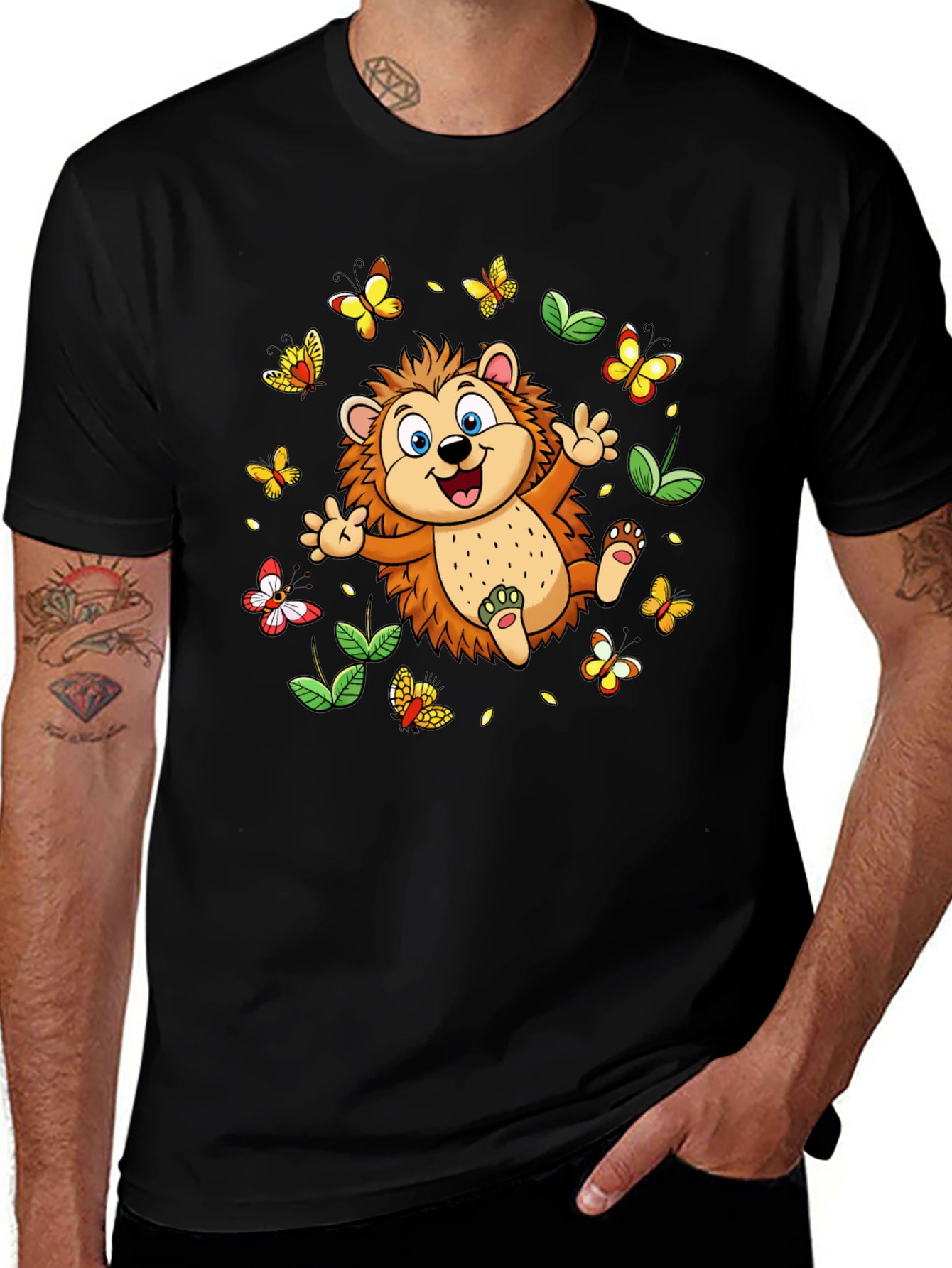 Variant 14 of Cute Hedgehog & Butterflies Black T-Shirt