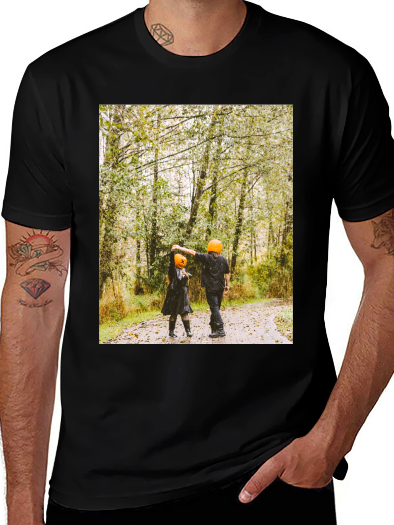 Halloween Couple T-Shirt - Pumpkin Head Forest Design