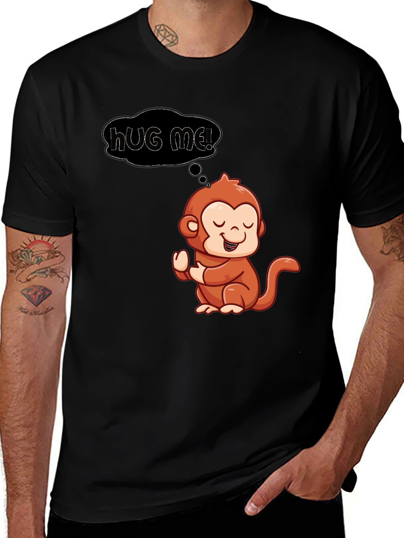 Cute Monkey 'Hug Me!' Black Graphic T-Shirt