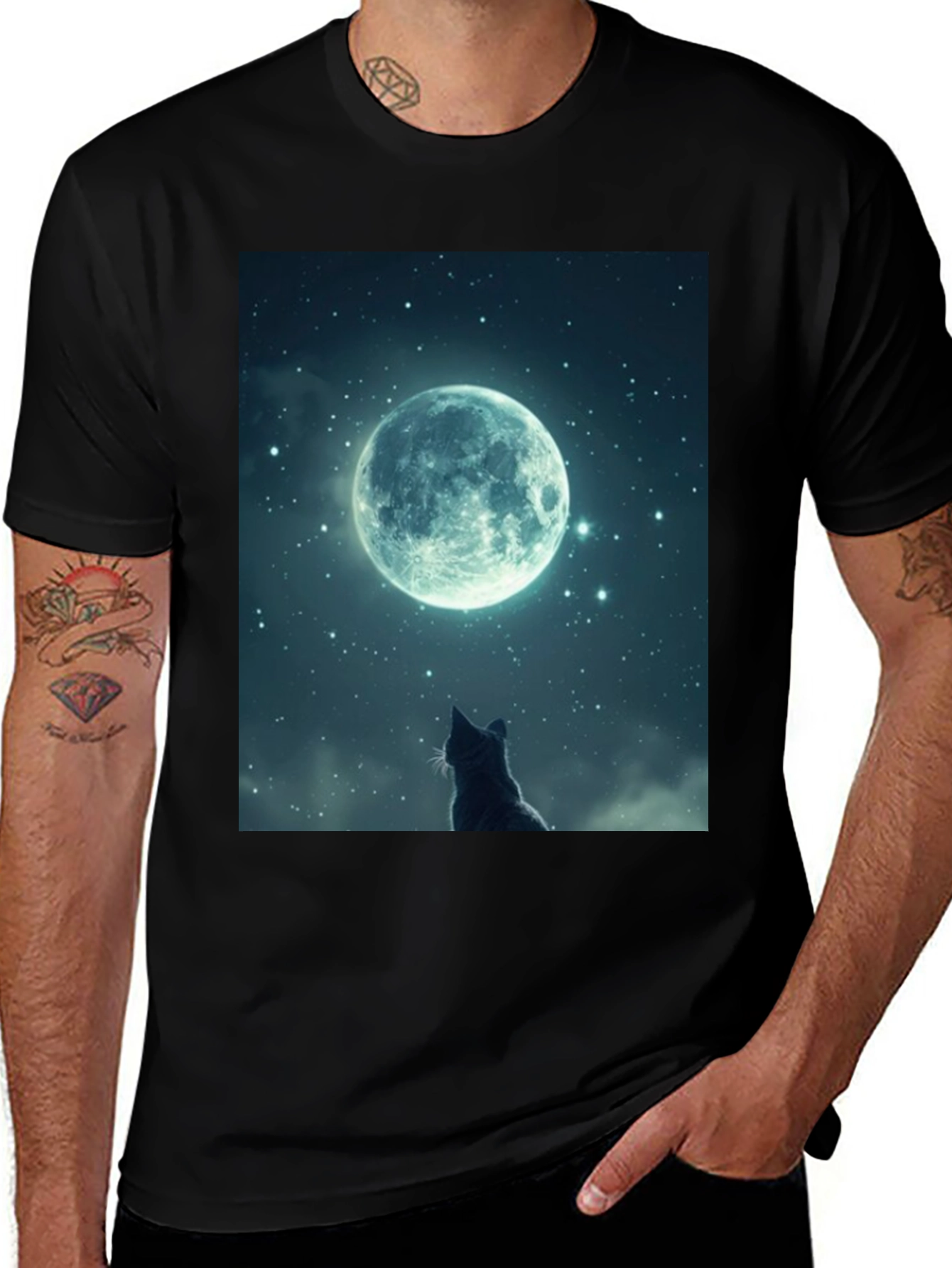 Variant 29 of Celestial Cat T-Shirt - Moonlit Night Design