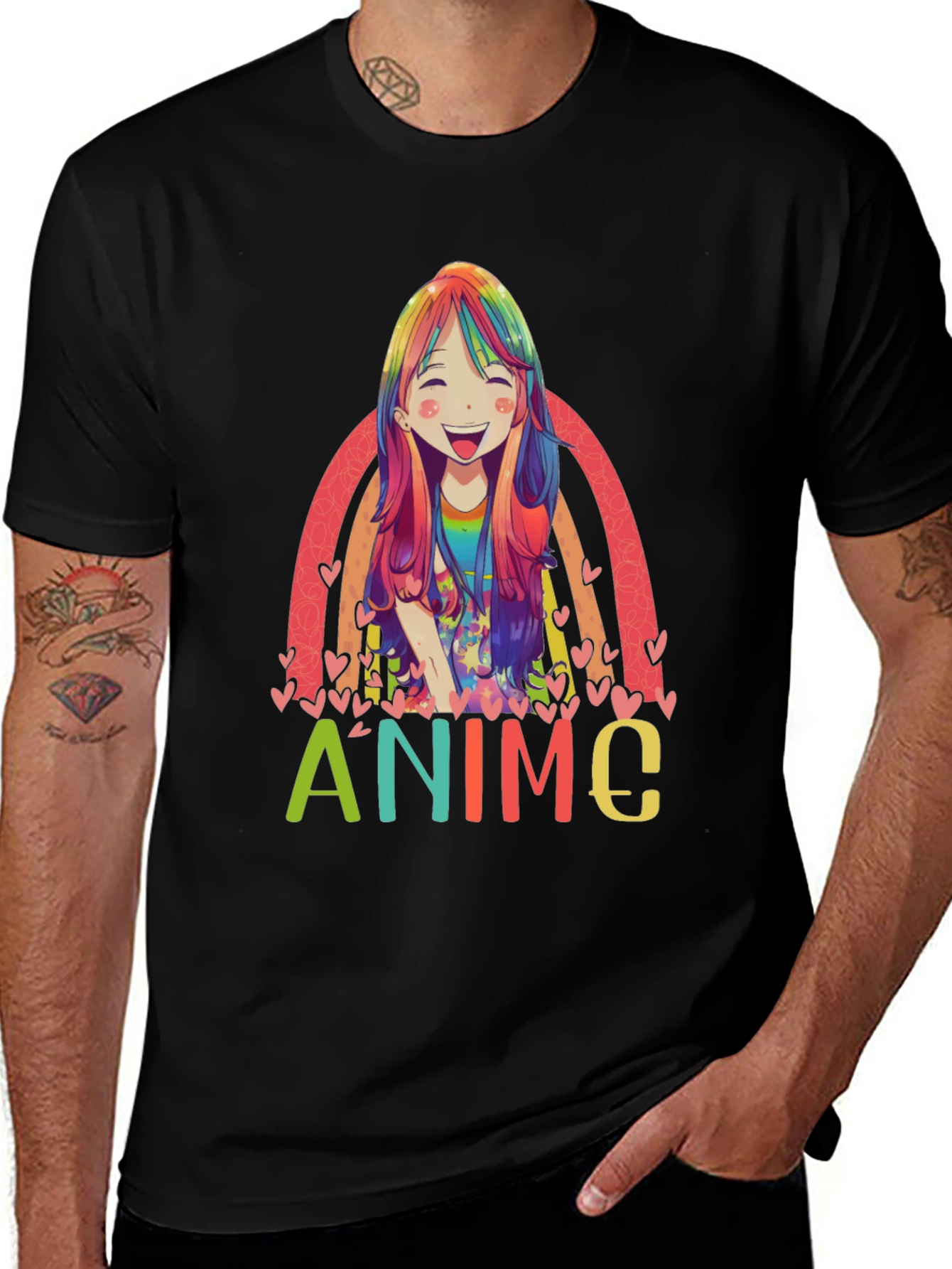 Black Anime Rainbow Graphic Tee - Colorful Manga Style main image