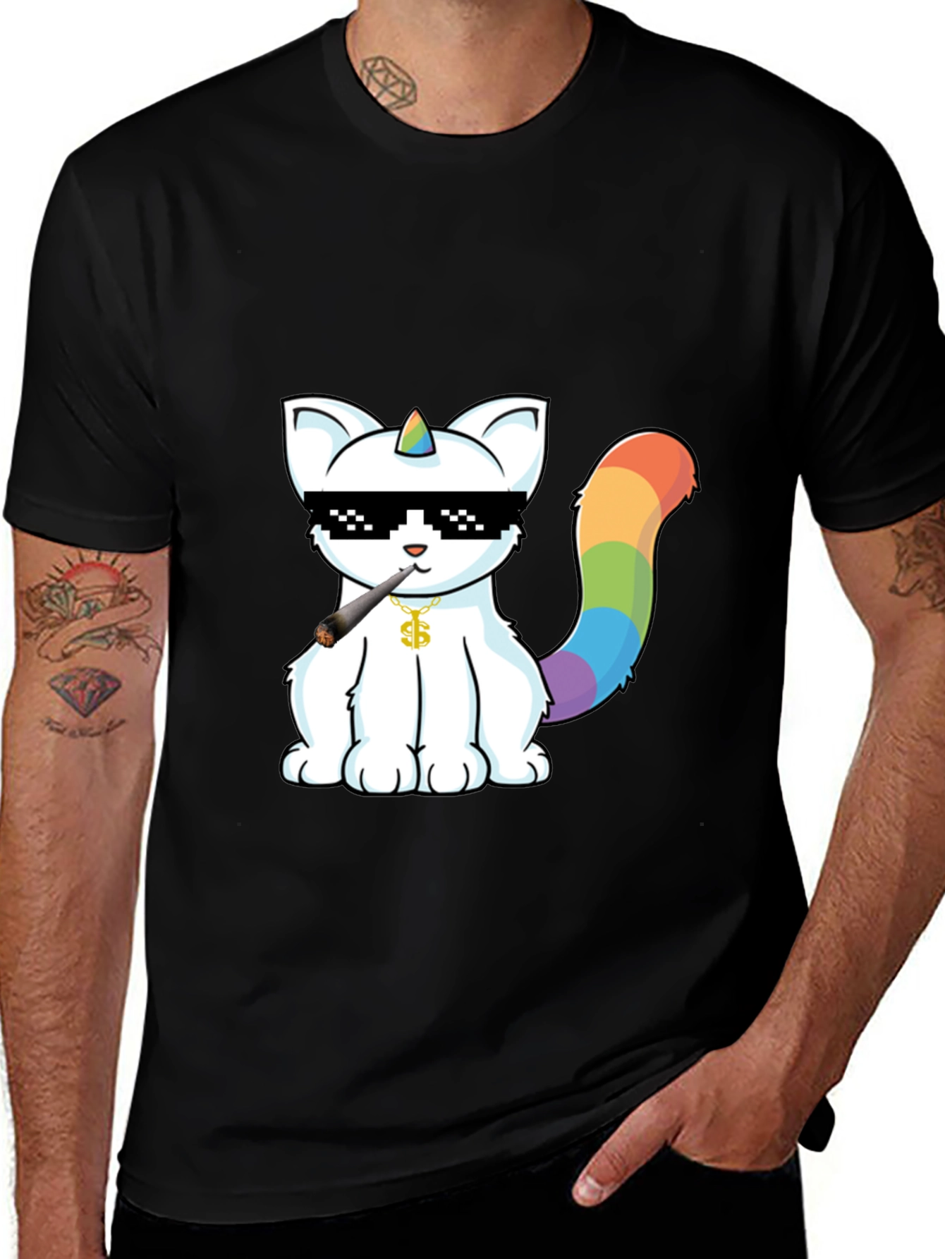 Variant 15 of Cool Cat Unicorn Rainbow Tail Black T-Shirt