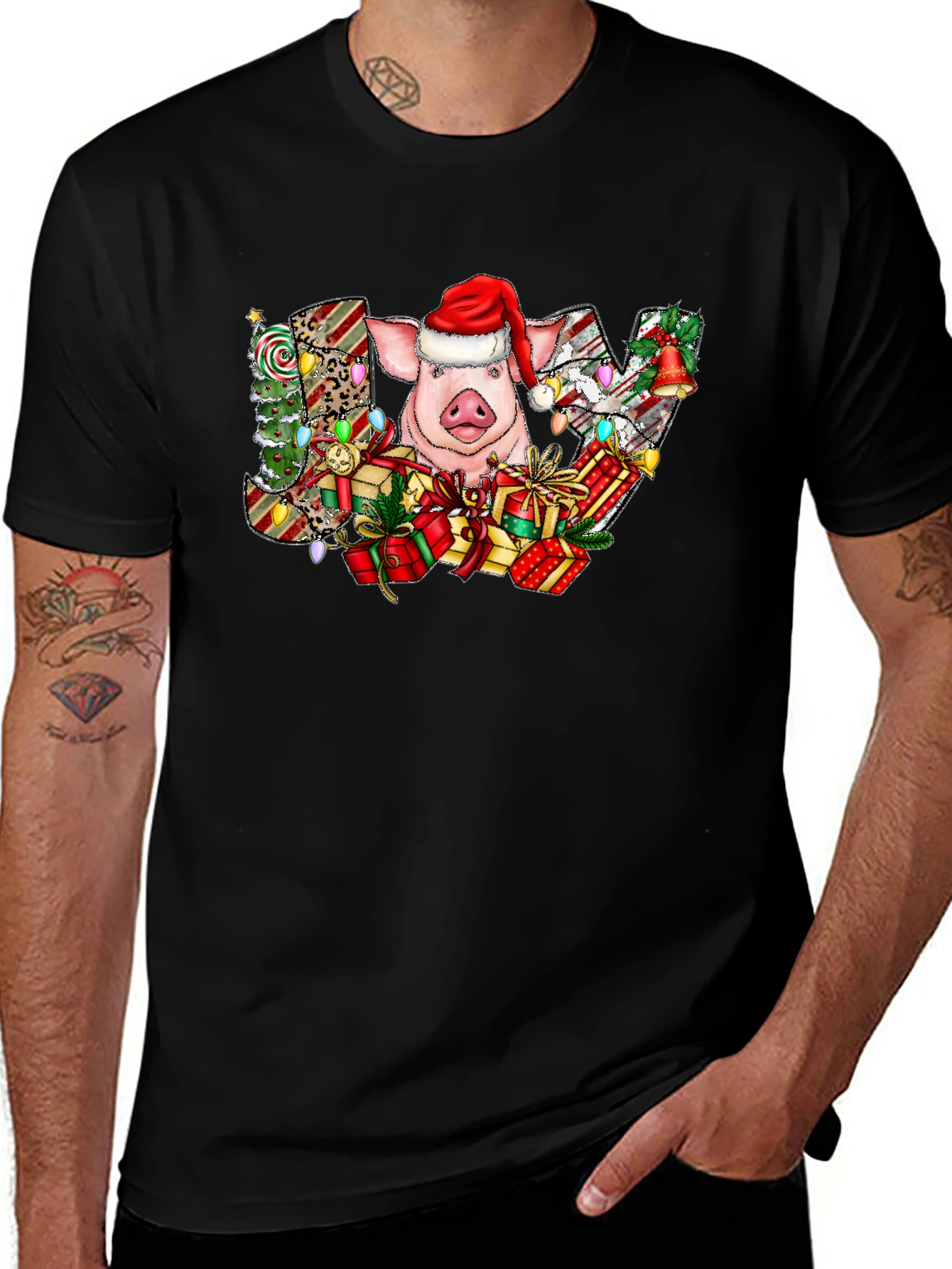 Joyful Pig in Santa Hat Graphic Tee
