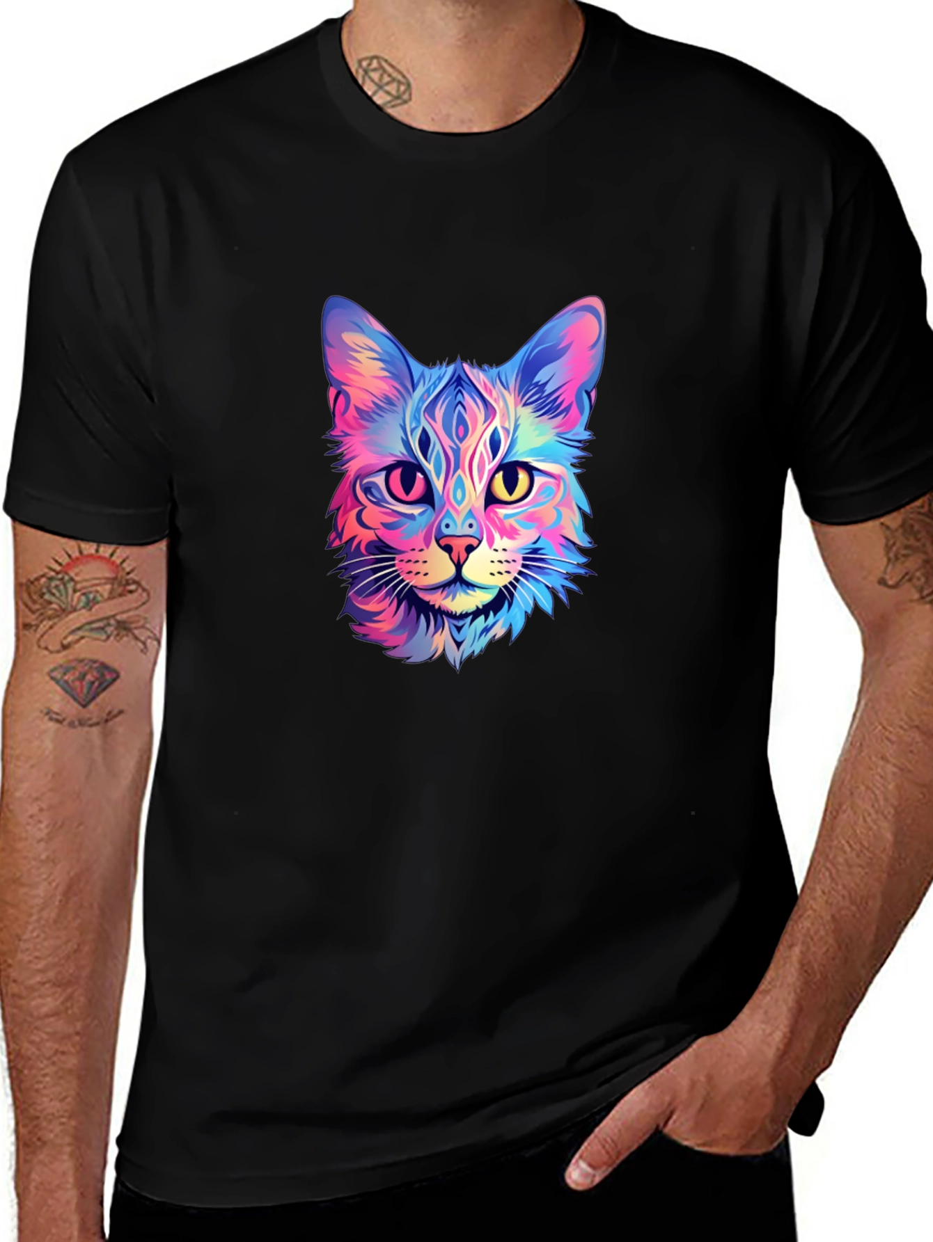 Variant 27 of Psychedelic Cat Graphic Tee - Colorful Style