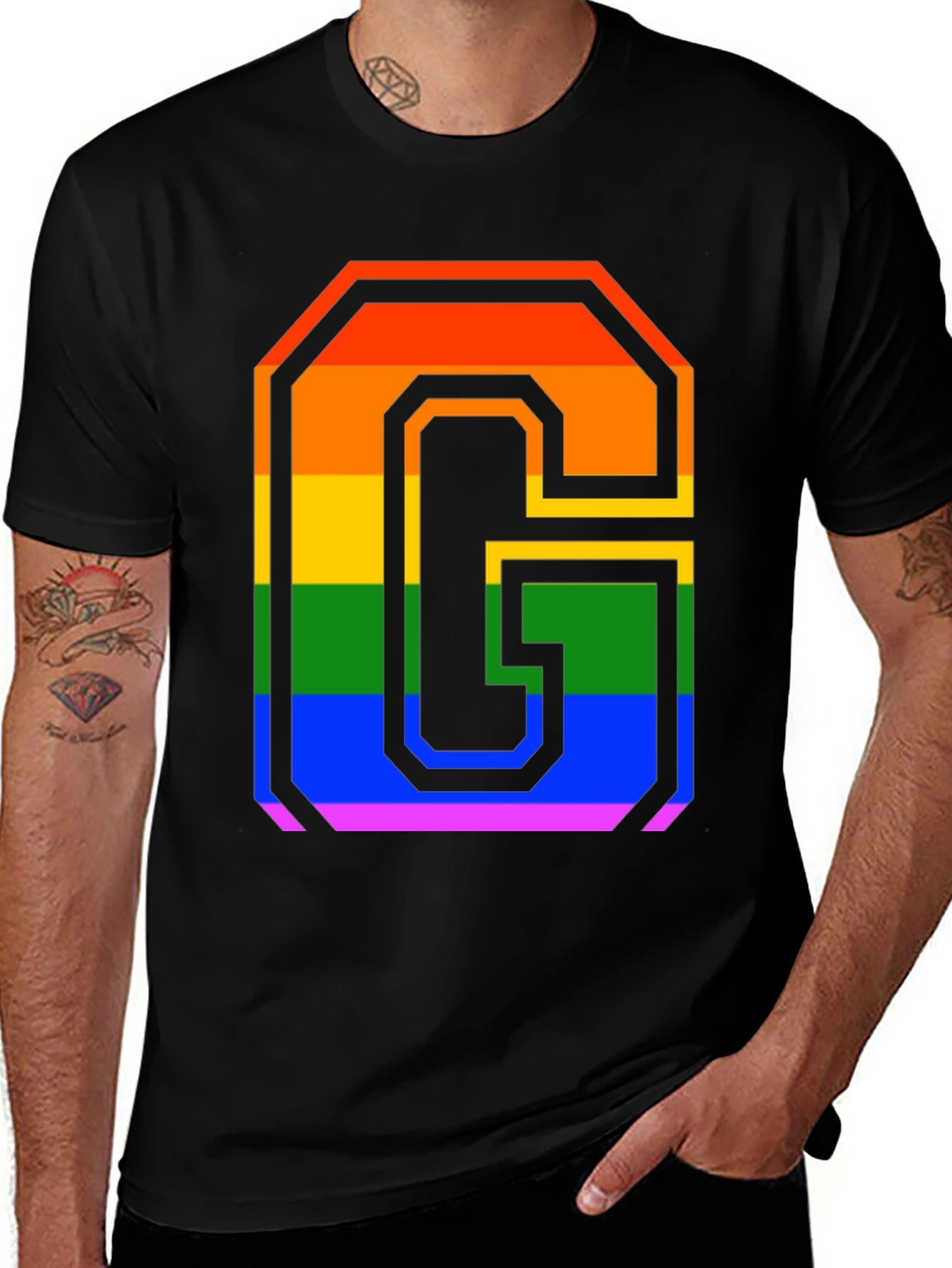Variant 16 of Rainbow Pride Letter G T-Shirt - Black