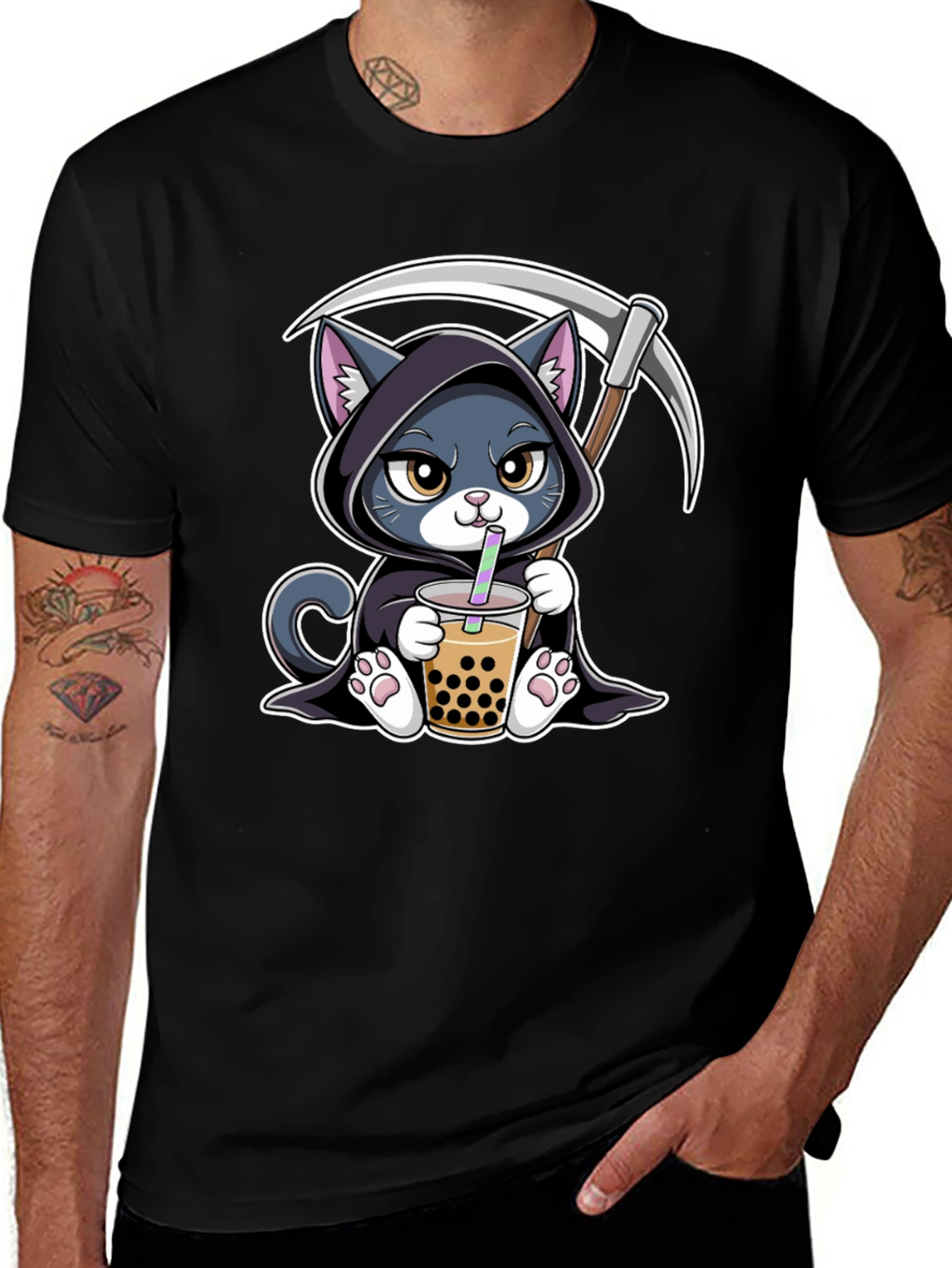Variant 12 of Grim Reaper Cat Boba Tea Graphic Tee