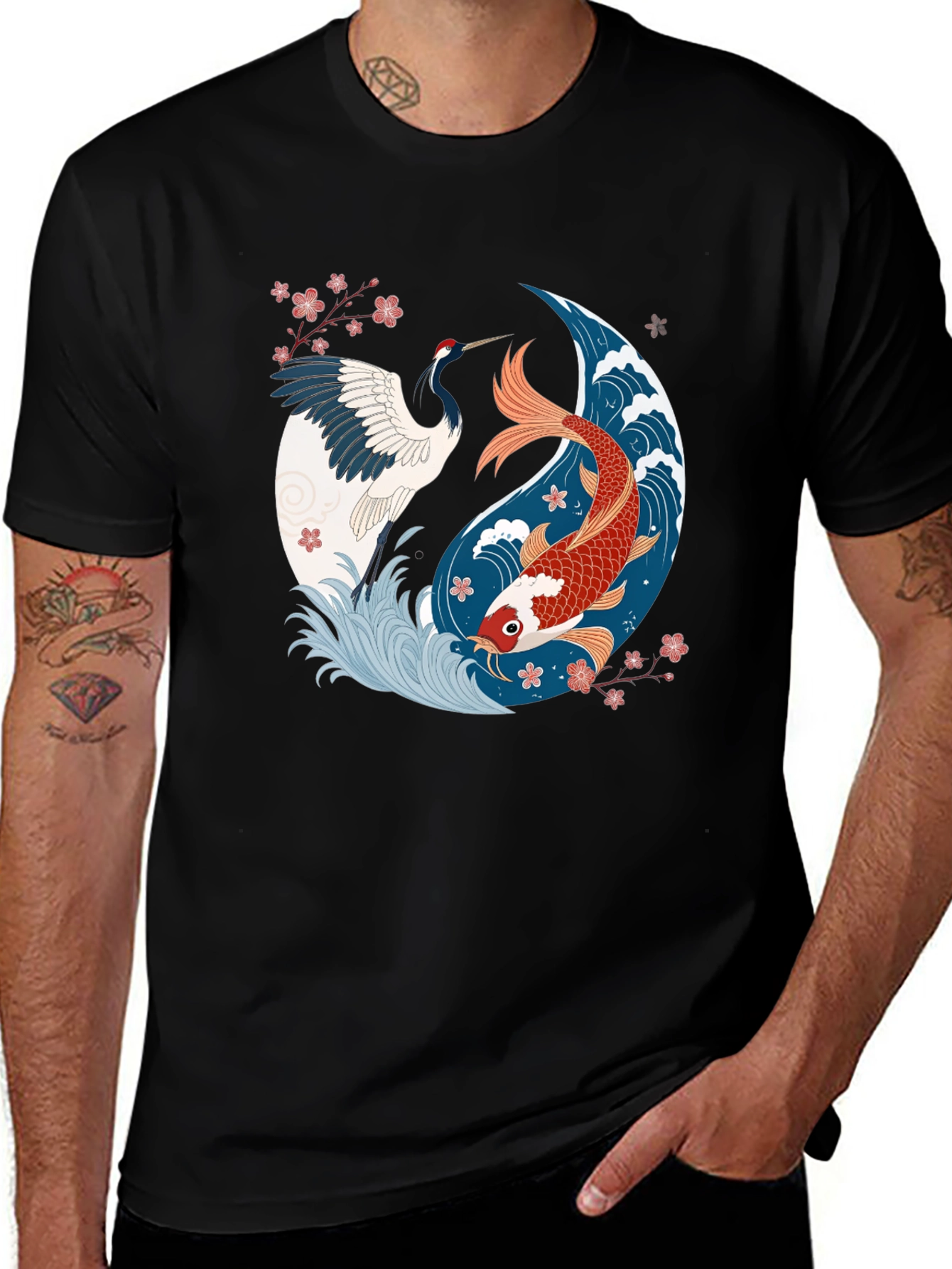 Variant 17 of Yin Yang Crane & Koi Graphic T-Shirt - Stylish Comfort