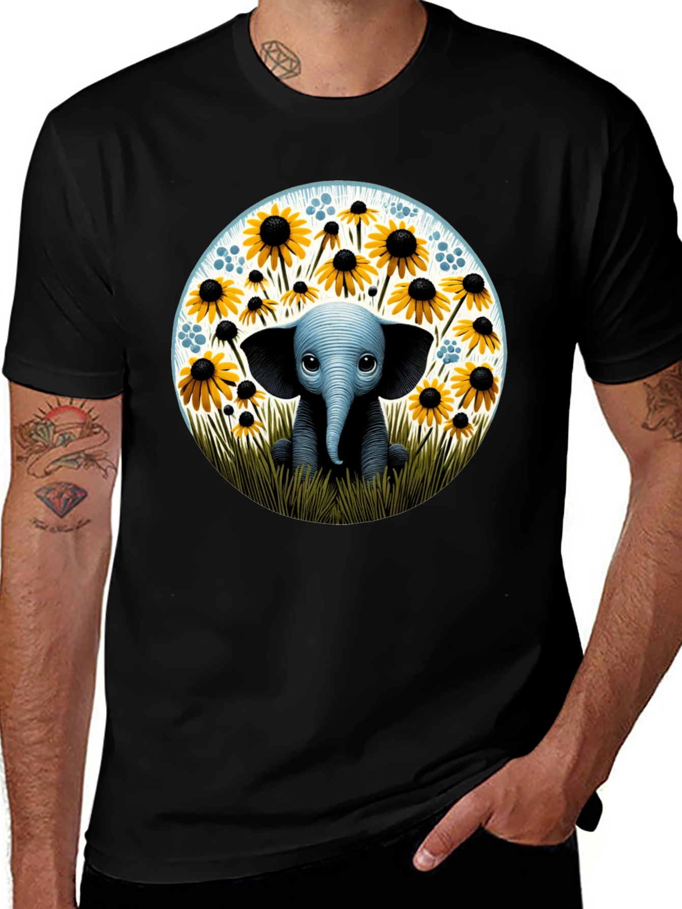 Variant 28 of Cute Elephant and Sunflower Graphic T-Shirt
