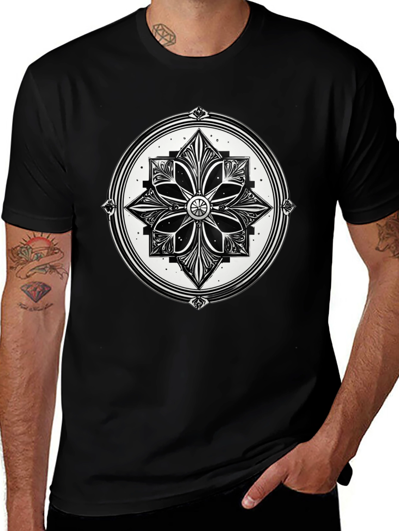 Variant 18 of Black Graphic Tee - Geometric Floral Print