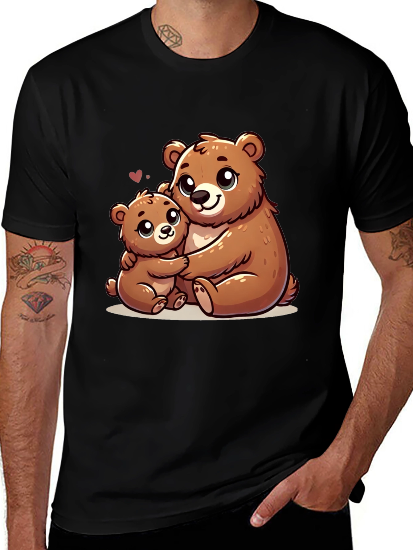 Variant 29 of Cute Bear Hug Graphic Tee - Black Cotton Shirt
