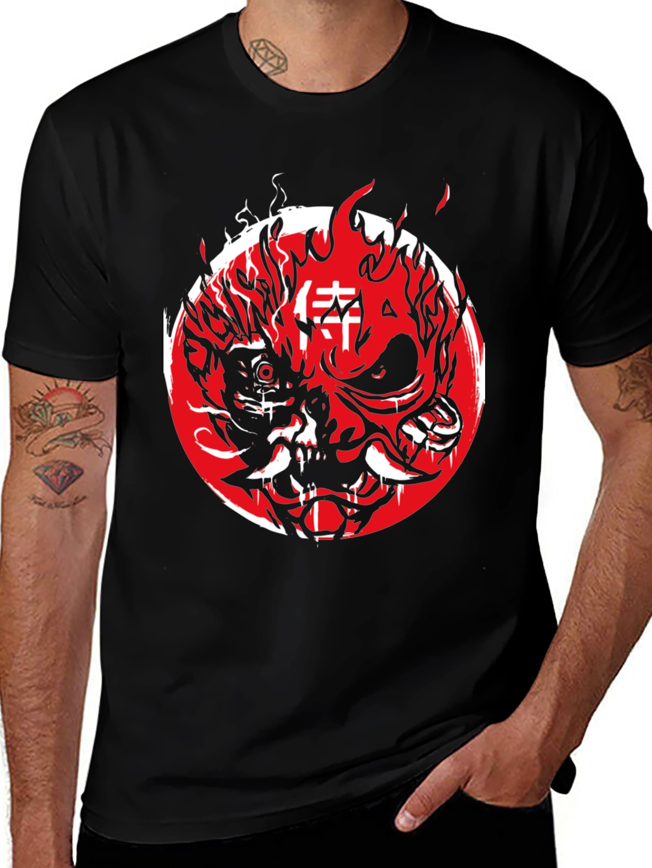 Variant 10 of Cyberpunk Oni Mask Graphic Tee - Red & Black