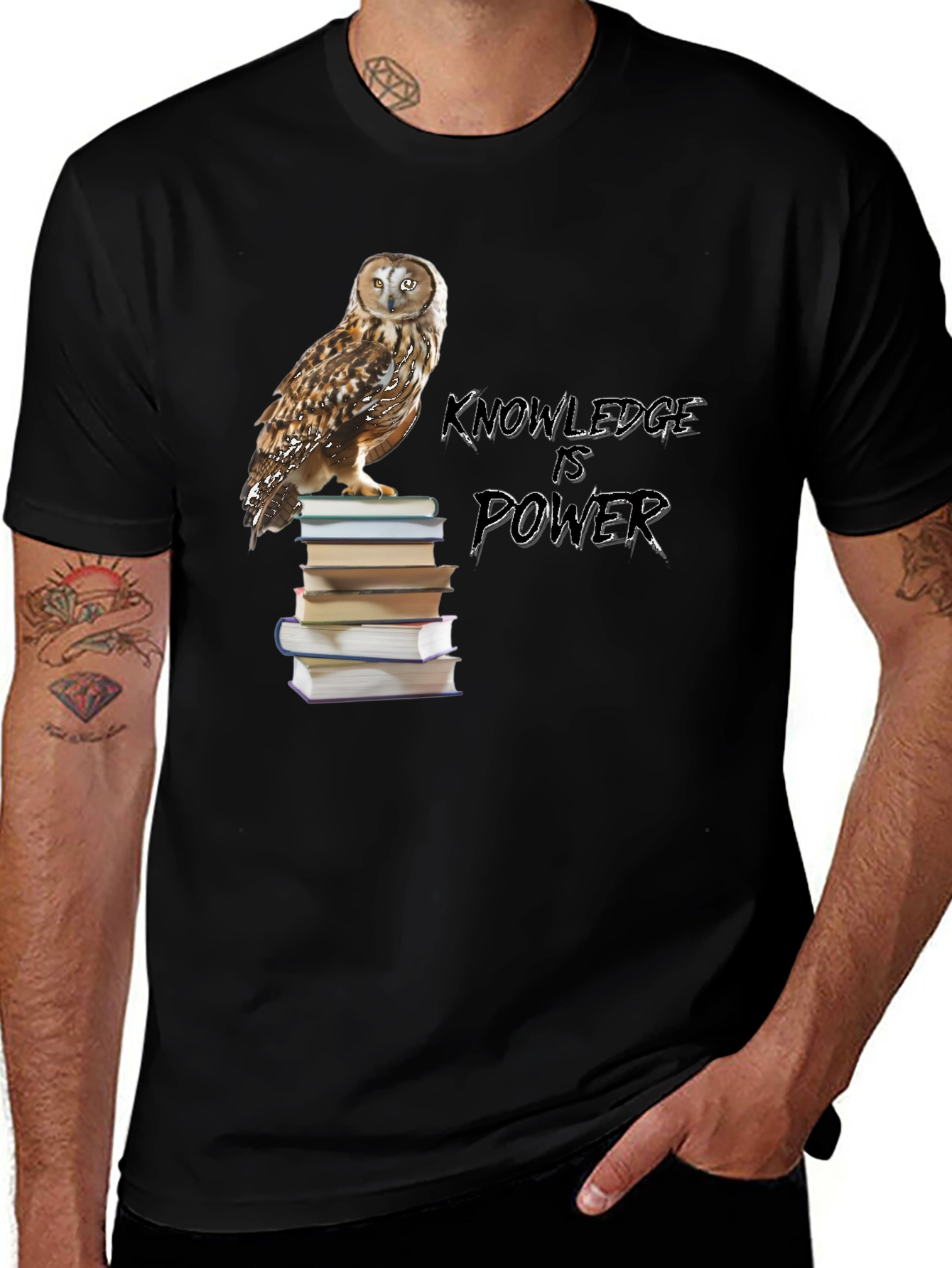 Variant 28 of Owl on Books "Knowledge is Power" Black T-Shirt