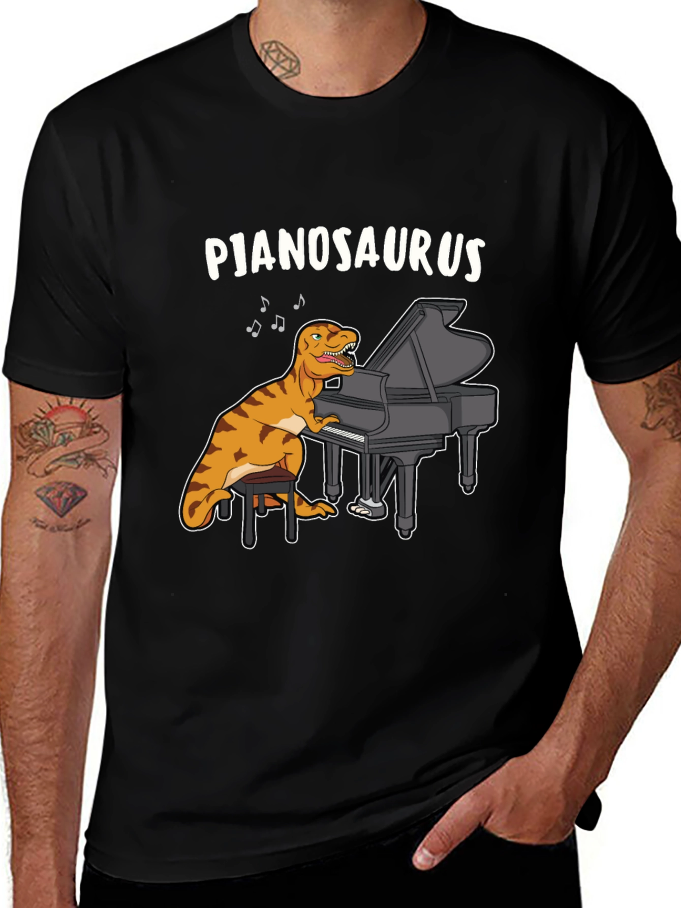 Black Pjanosaurus T-Shirt - Dinosaur Playing Piano Funny Tee main image