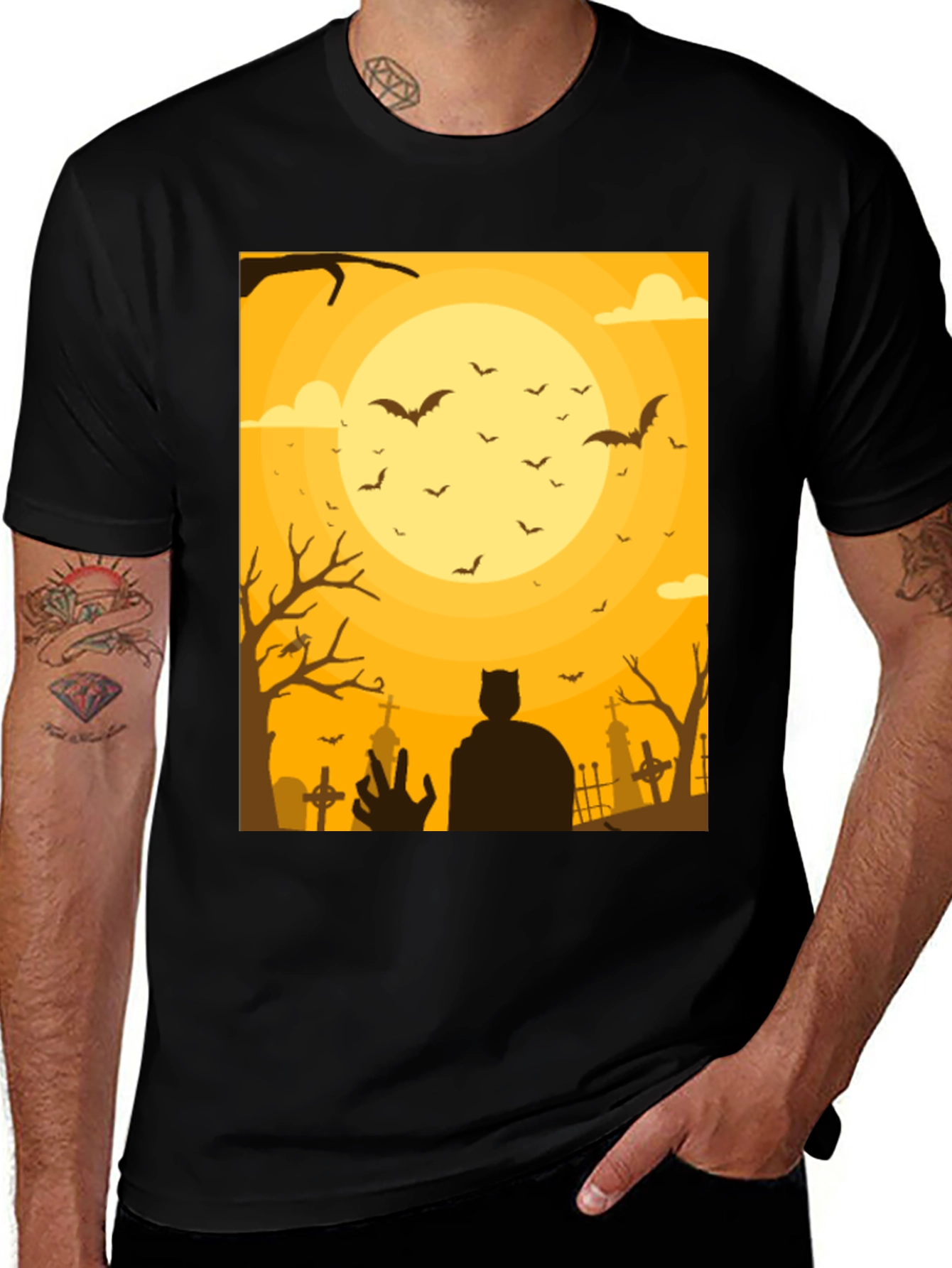 Spooky Halloween T-Shirt, Bats Cemetery Design