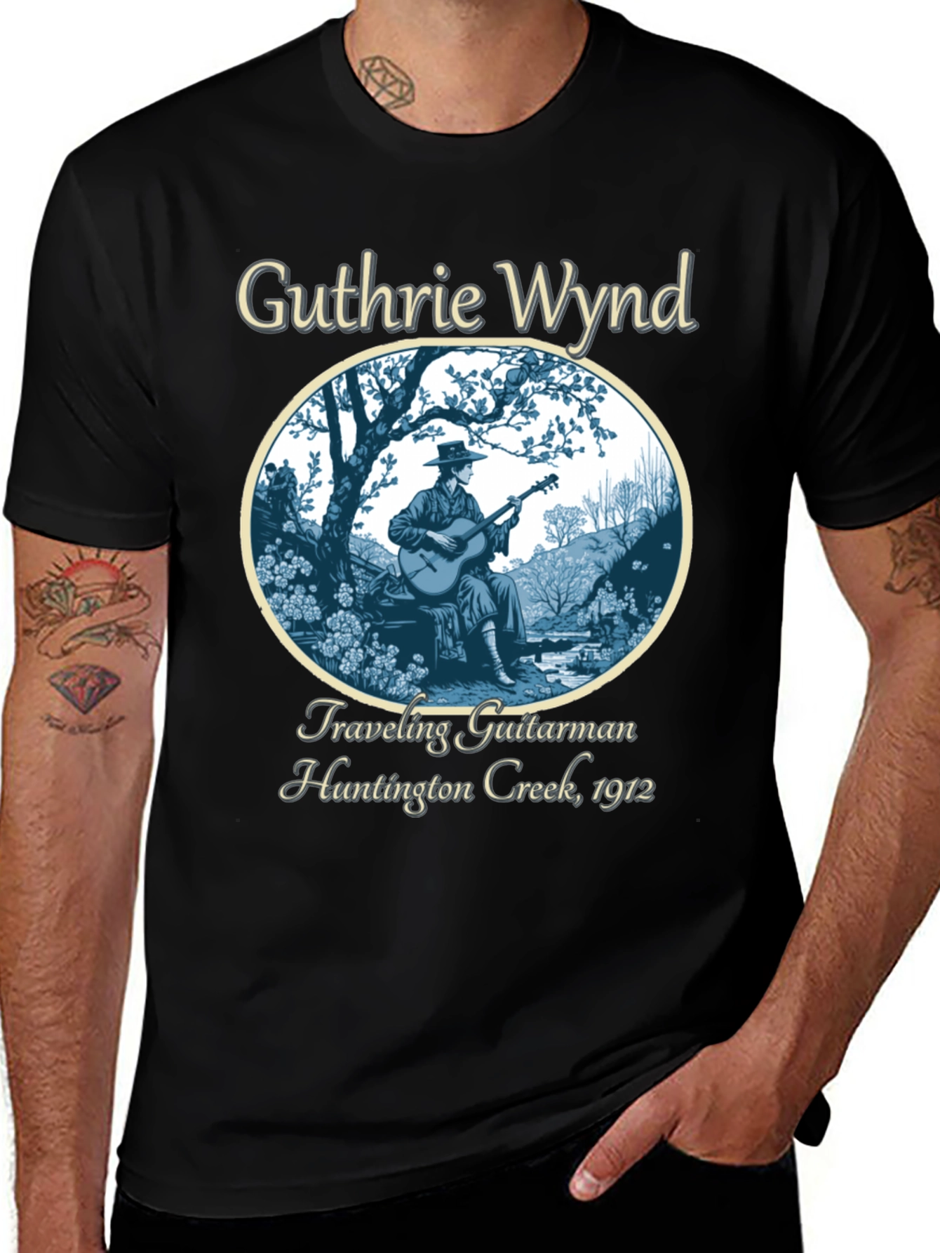 Variant 25 of Guthrie Wynd Traveling Guitarman Black T-Shirt