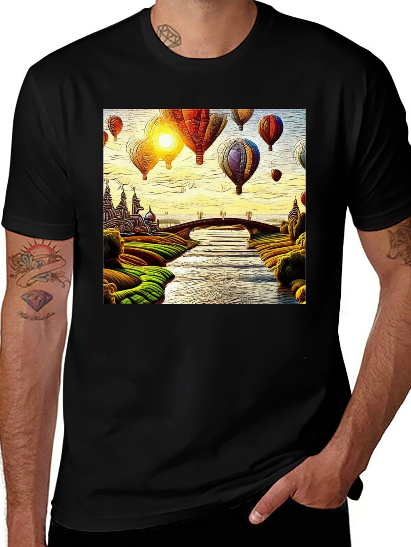 Variant 21 of Artistic Hot Air Balloon Landscape T-Shirt