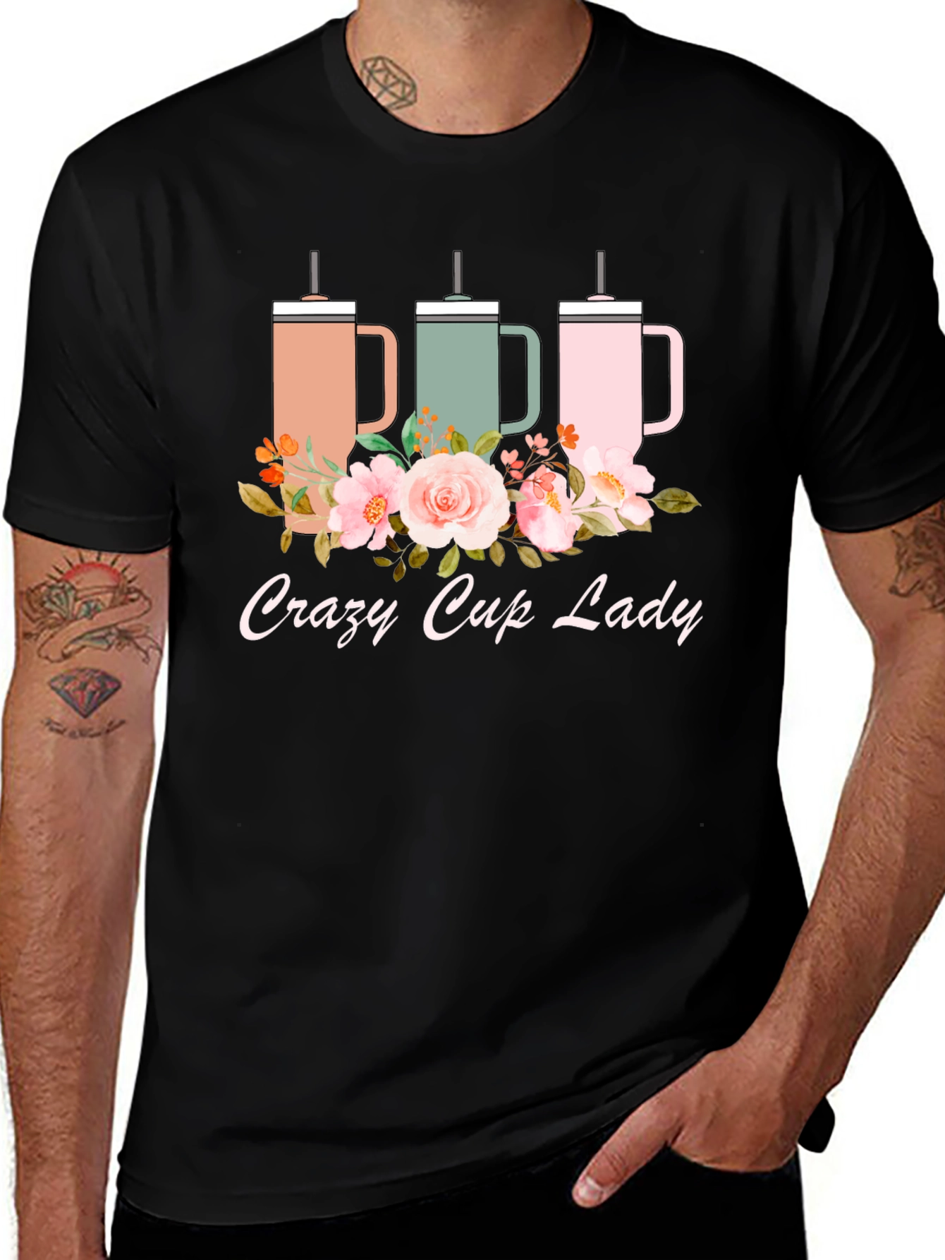 Variant 24 of Crazy Cup Lady T-Shirt: Floral Coffee Lover Tee