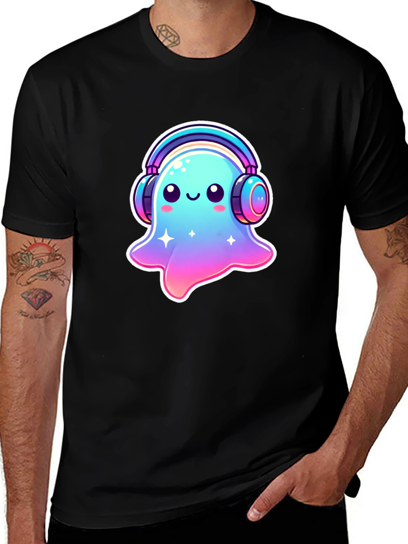 Variant 29 of Cute Ghost with Headphones Black T-Shirt