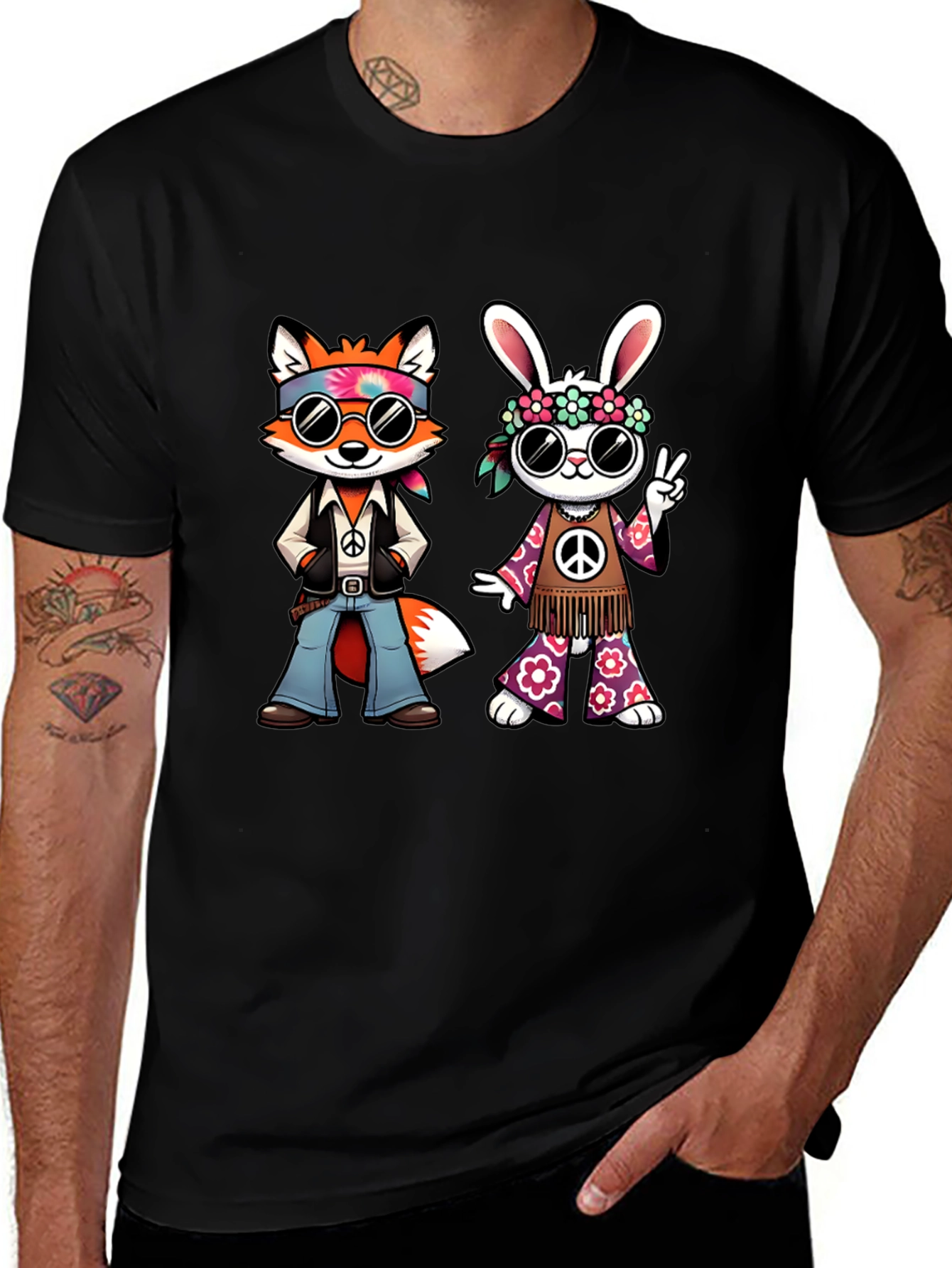 Variant 28 of Groovy Hippie Fox & Rabbit Black T-Shirt