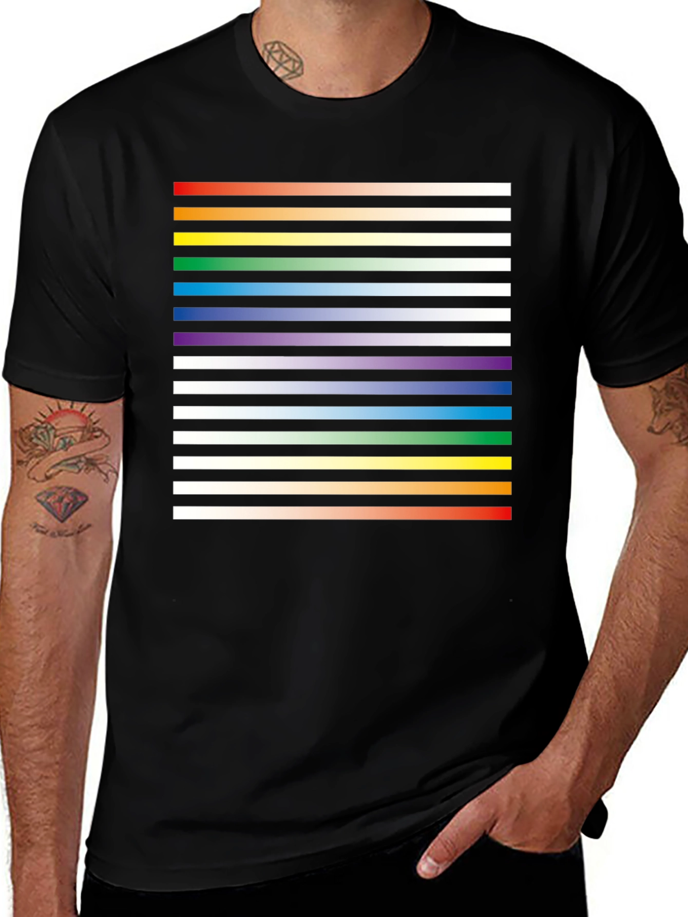 Variant 8 of Striped Rainbow Graphic Print Black Tee