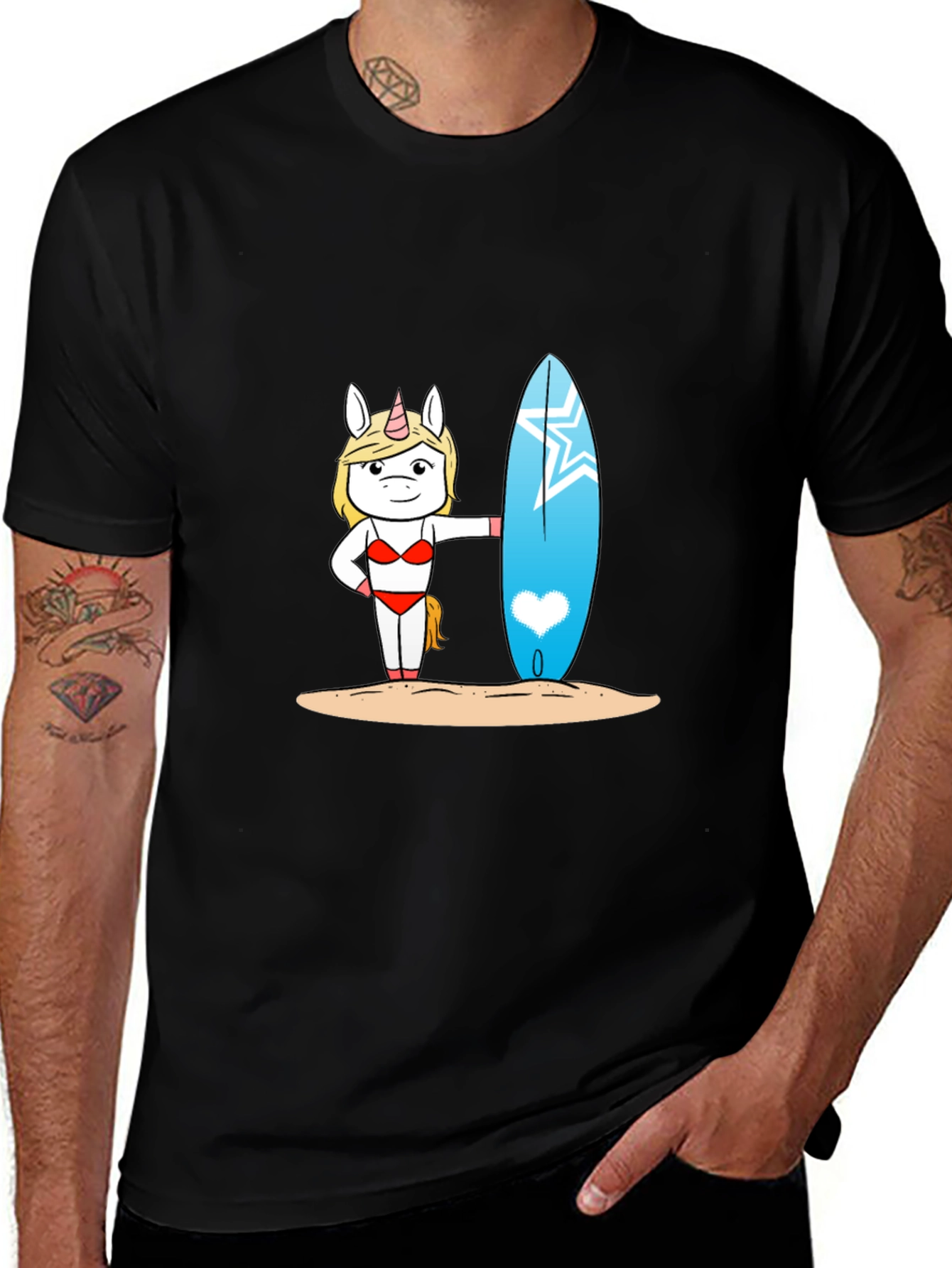 Variant 27 of Unicorn Surfer T-Shirt - Black Graphic Tee