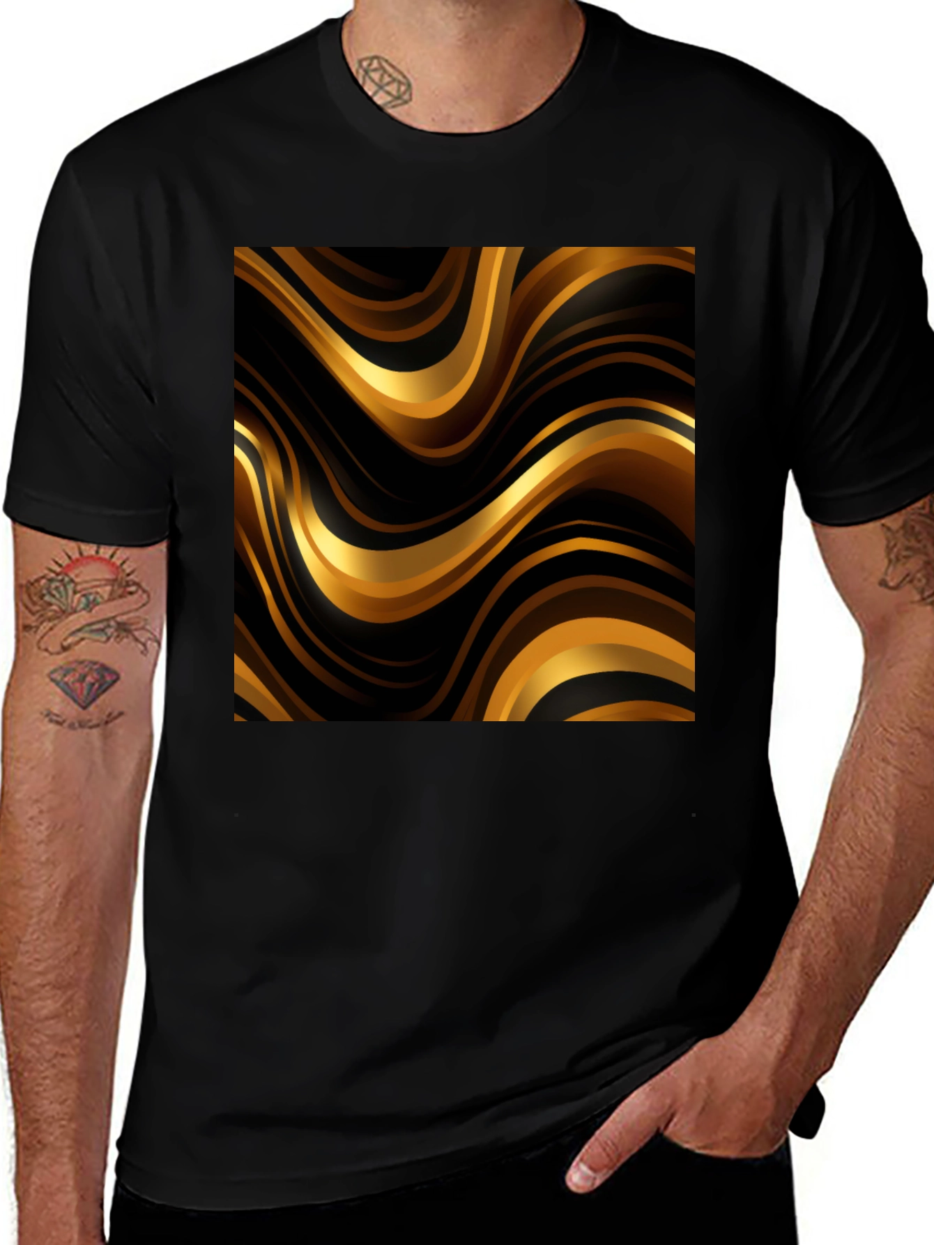 Variant 14 of Mens Black T-Shirt with Golden Wave Design