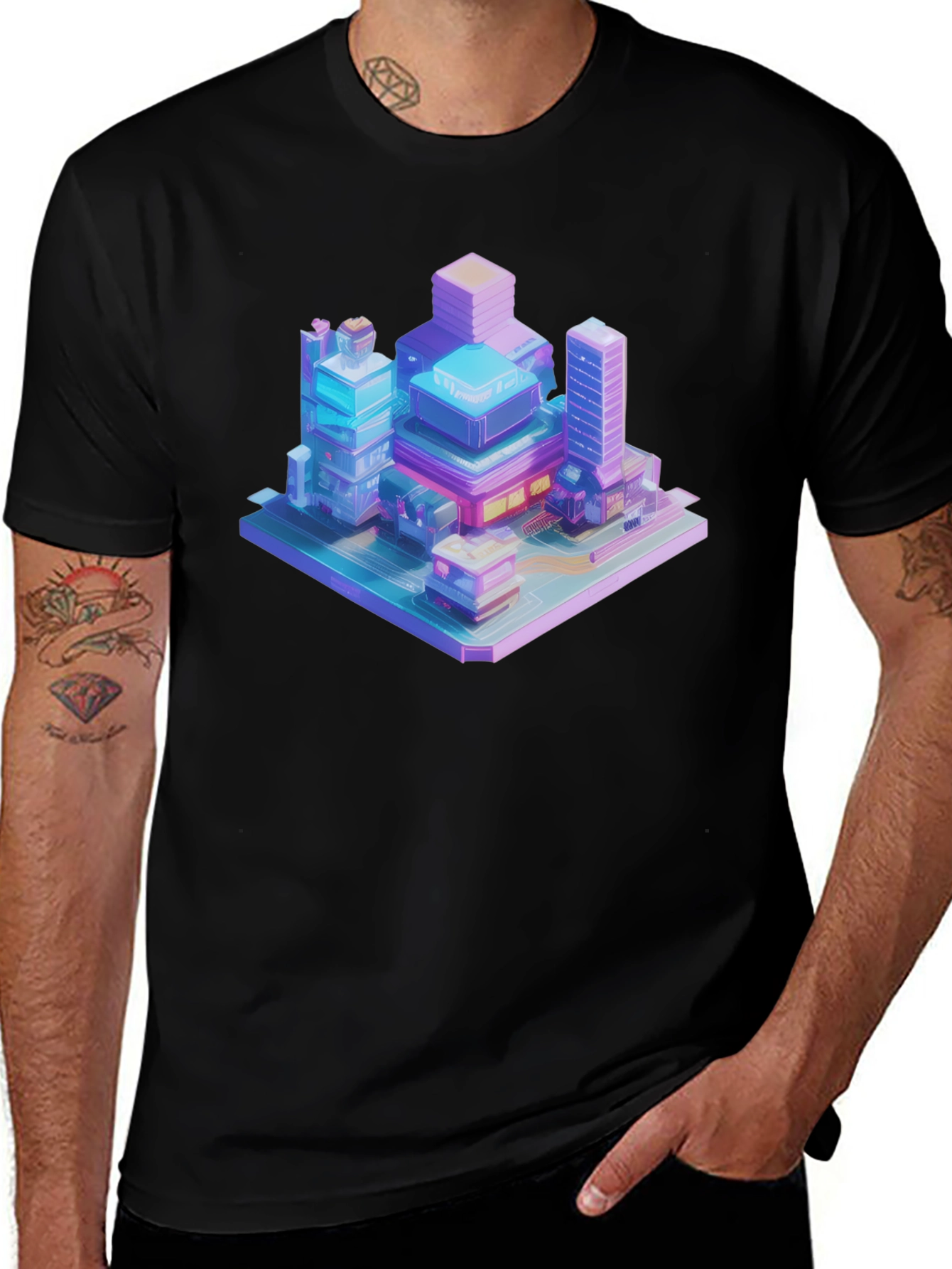 Variant 24 of Isometric Cityscape T-Shirt - Black Urban Style Tee