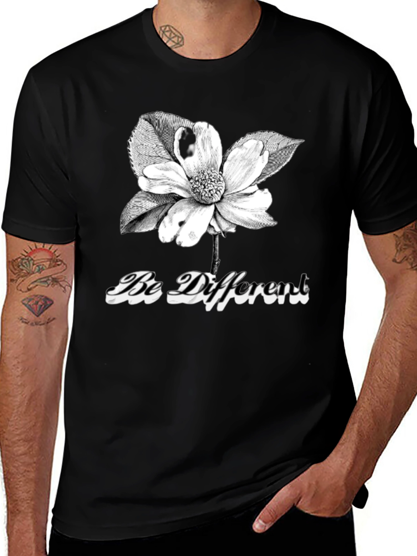 Variant 12 of Be Different Flower Graphic Tee - Black Cotton Casual Shirt