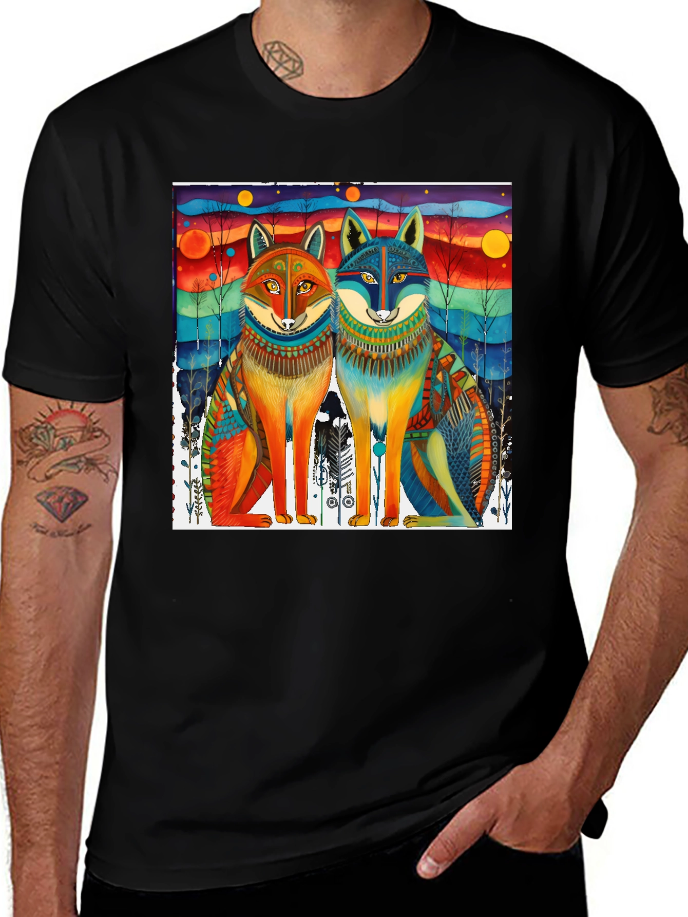 Artistic Fox Duo Graphic Print T-Shirt