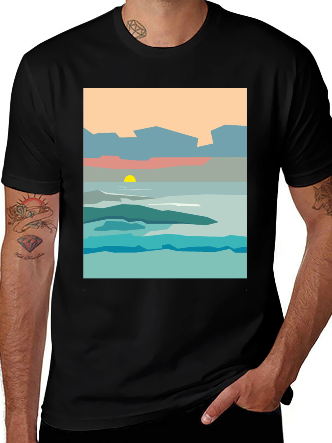 Variant 30 of Abstract Landscape Graphic Tee - Black Cotton T-Shirt