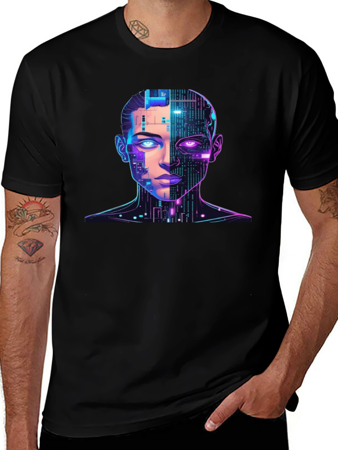 Variant 4 of Cyberpunk AI Portrait Graphic Tee - Black