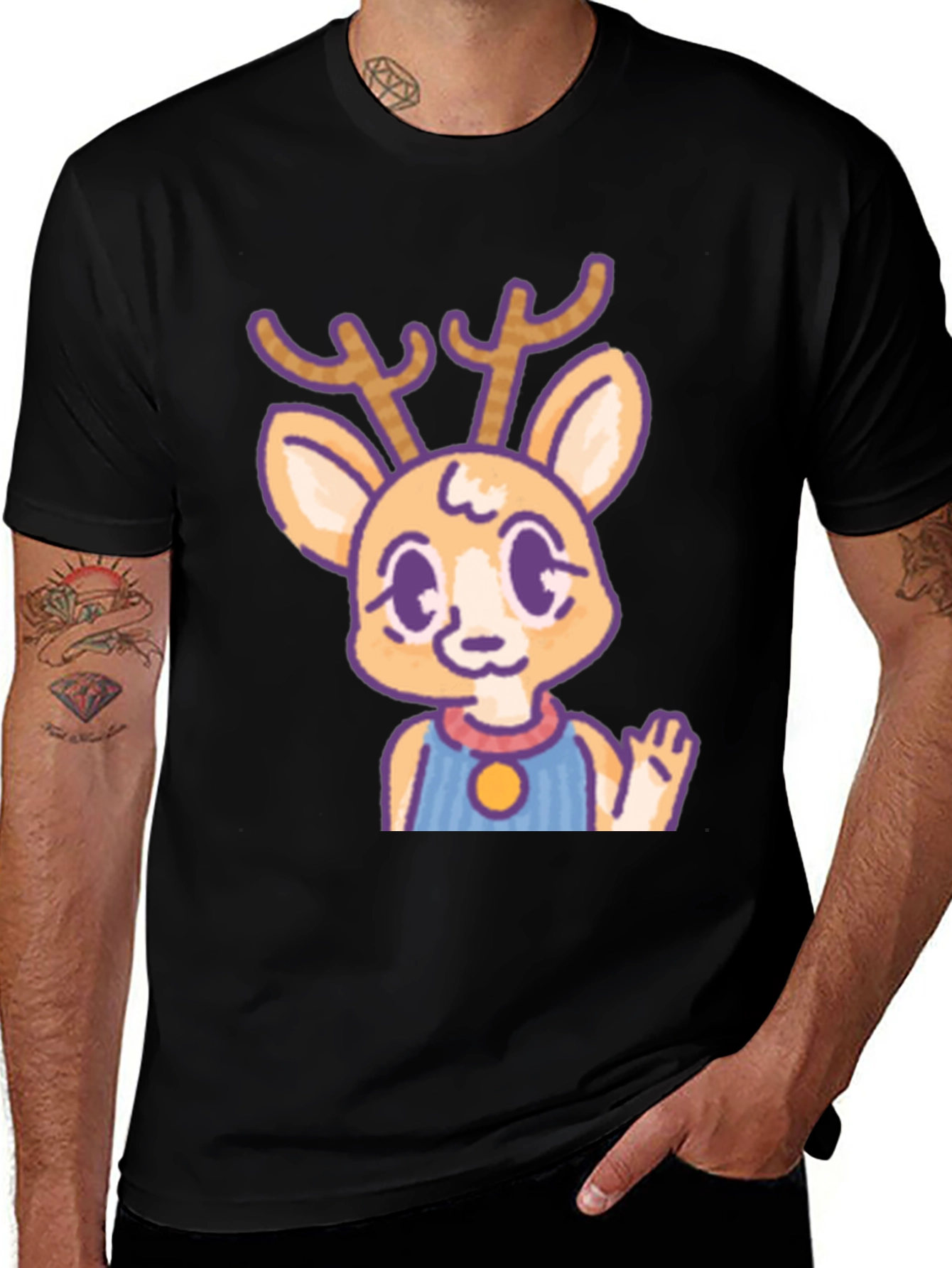 Variant 14 of Cute Deer Cartoon Graphic Black T-Shirt
