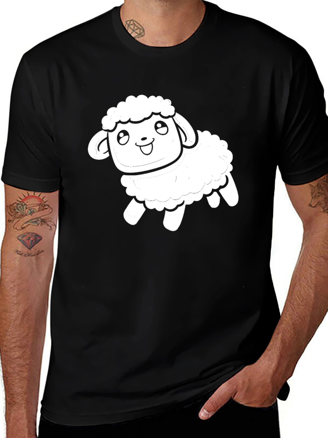 Variant 6 of Cute Sheep Graphic Tee - Black Cotton T-Shirt
