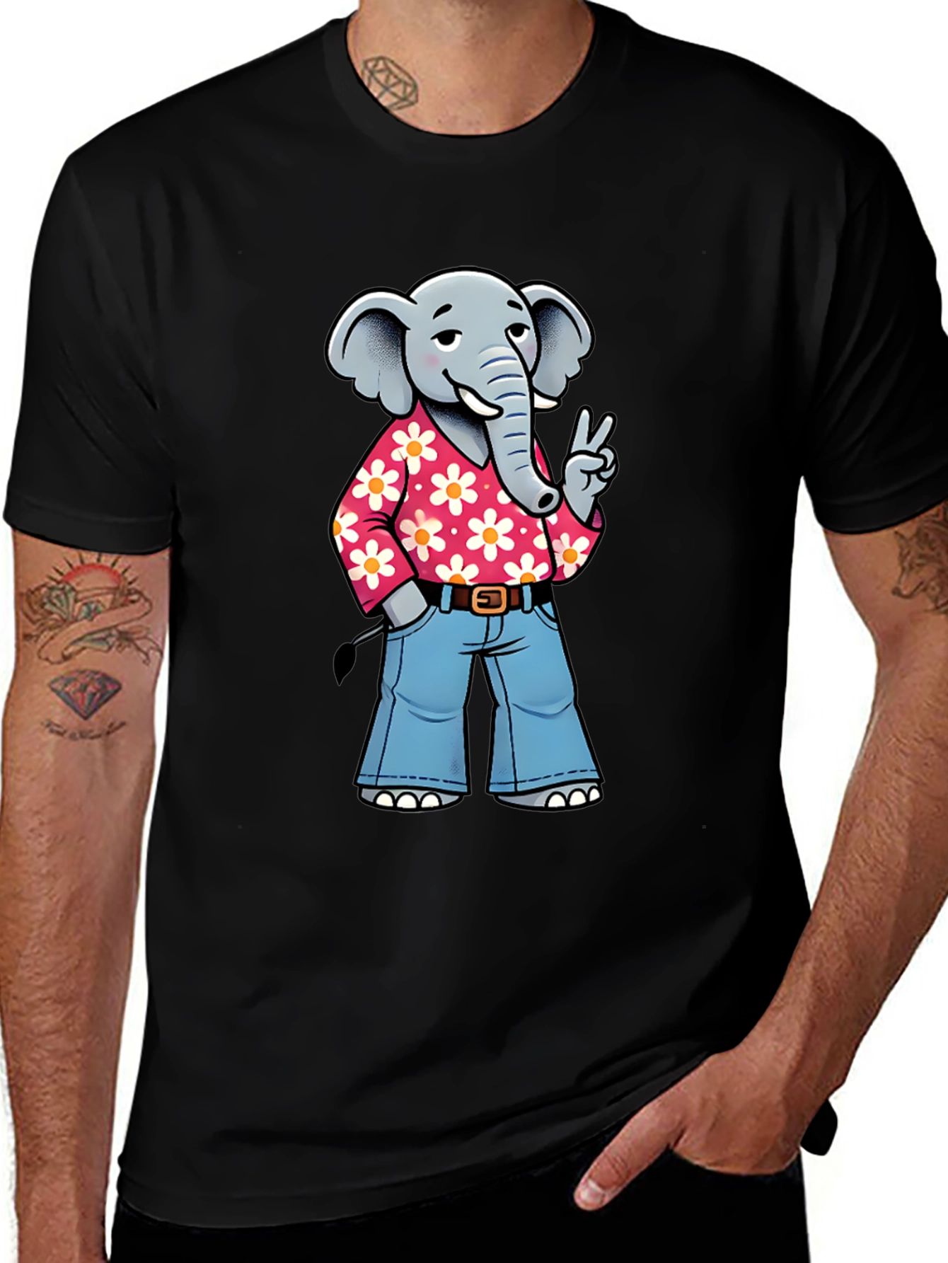 Variant 30 of Elephant Peace Sign Graphic Tee - Black Cotton T-Shirt