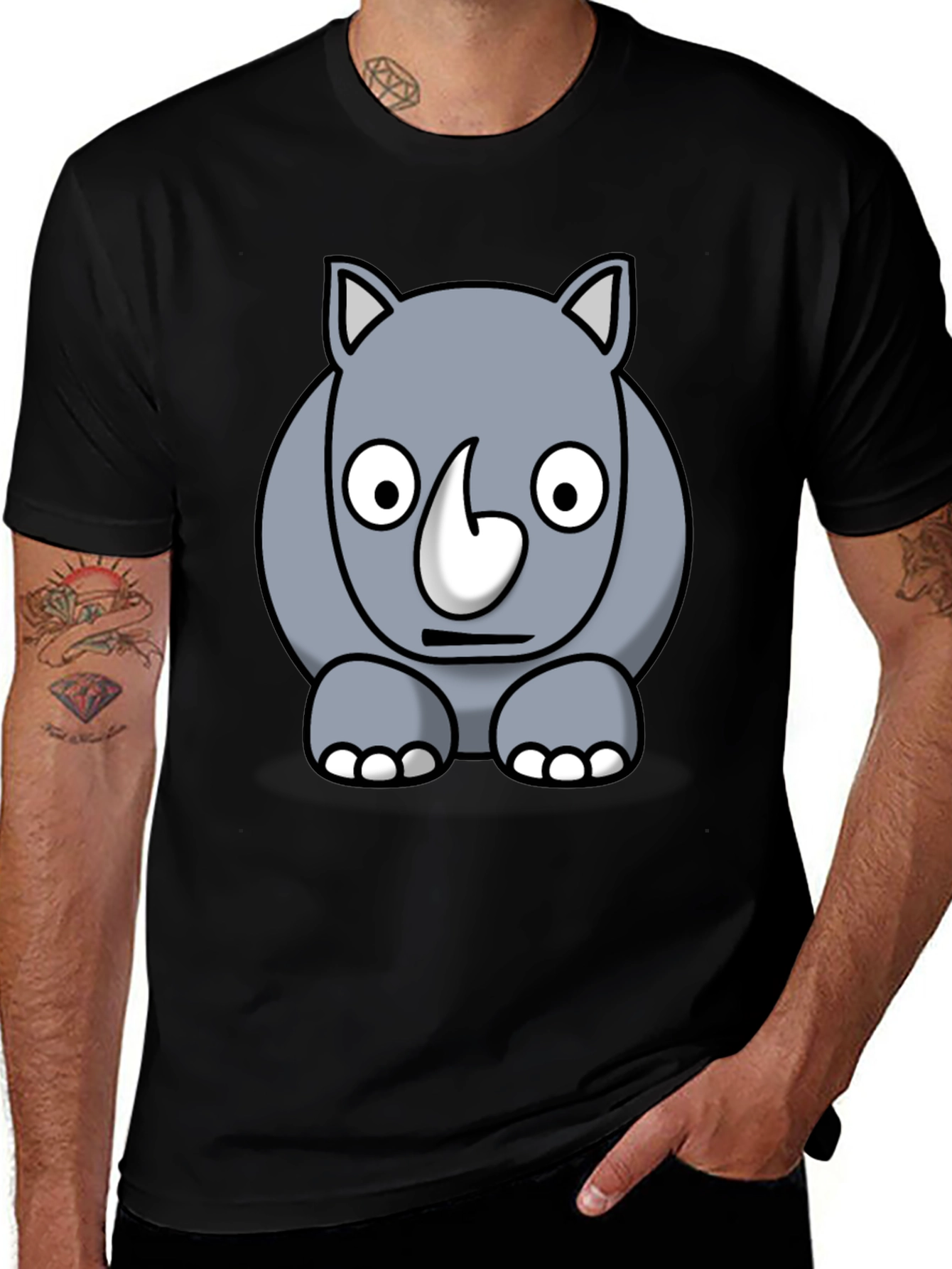 Variant 23 of Cartoon Rhino Graphic Tee - Black Cotton T-Shirt