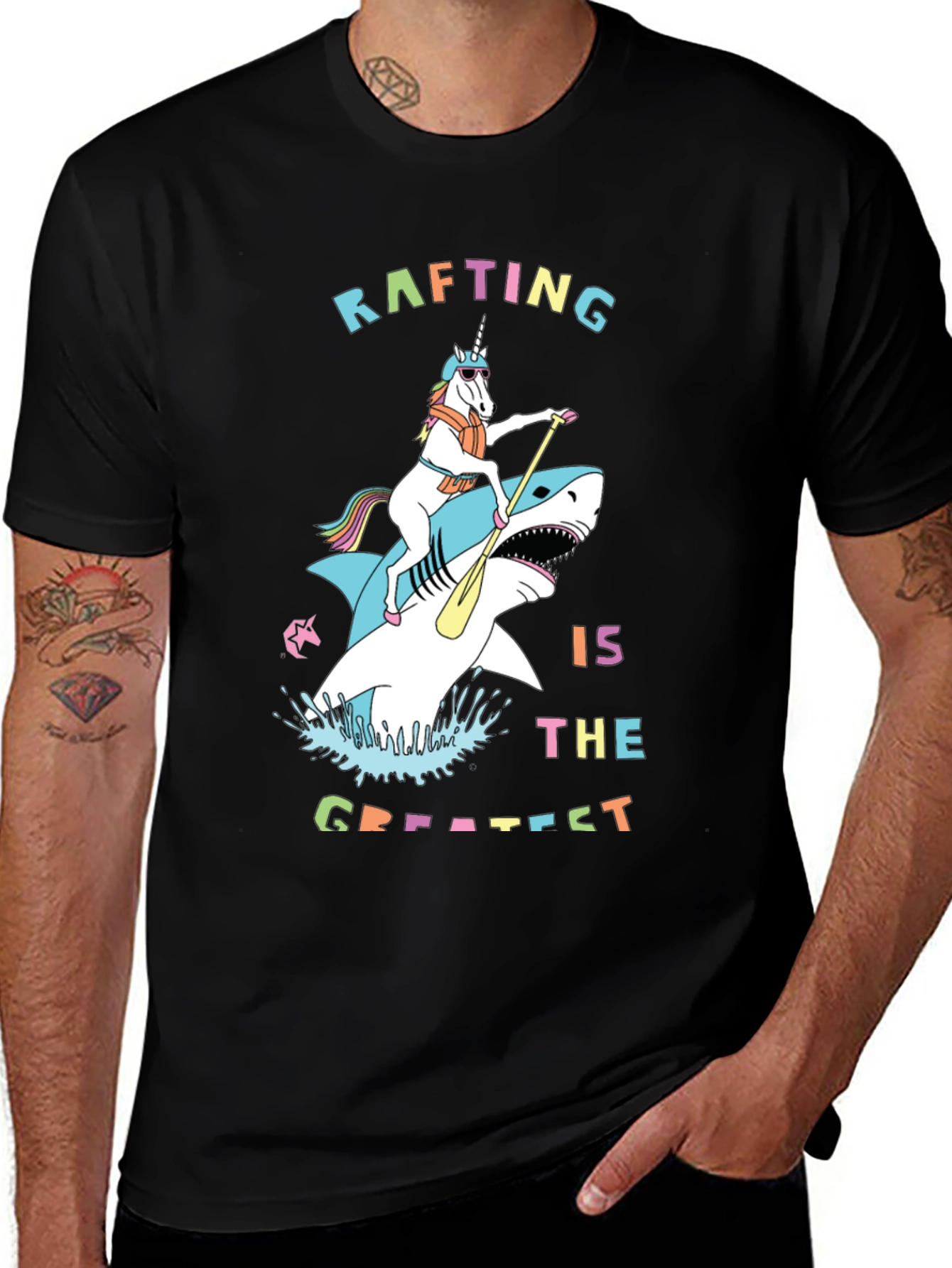 Variant 20 of Rafting Shark and Unicorn Black T-Shirt
