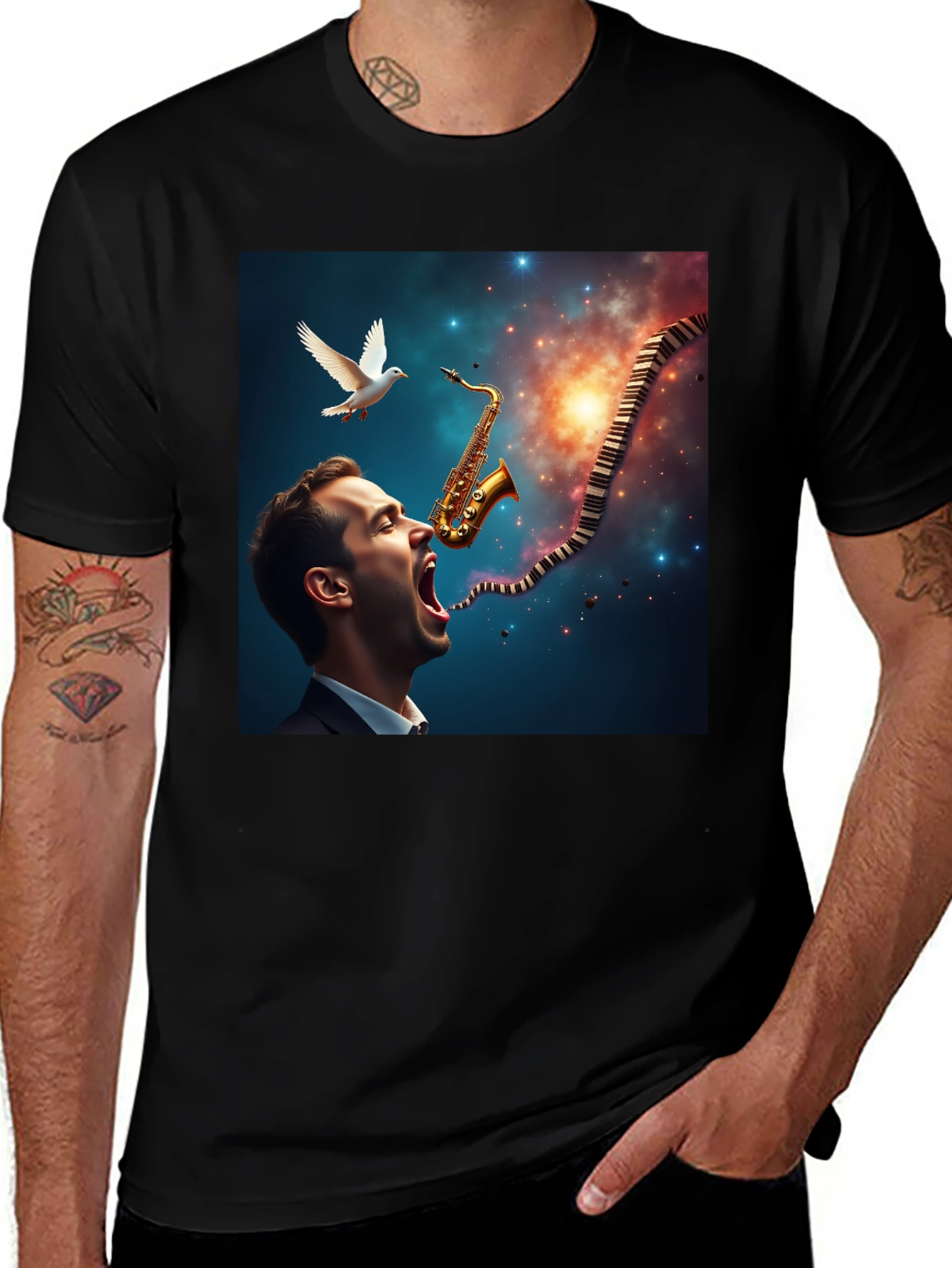 Variant 16 of Jazz Harmony T-Shirt: Saxophone & Piano Keys Design
