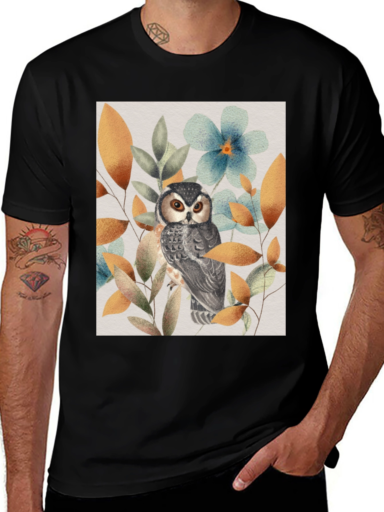 Variant 28 of Owl and Floral Print Black T-Shirt