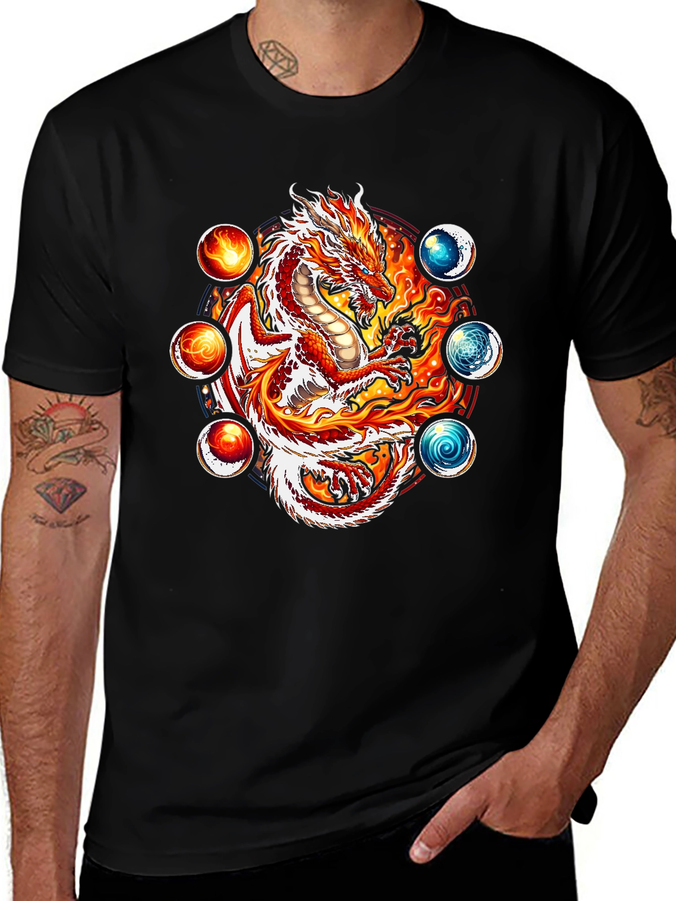Dragon & Elements Graphic Print Black T-Shirt