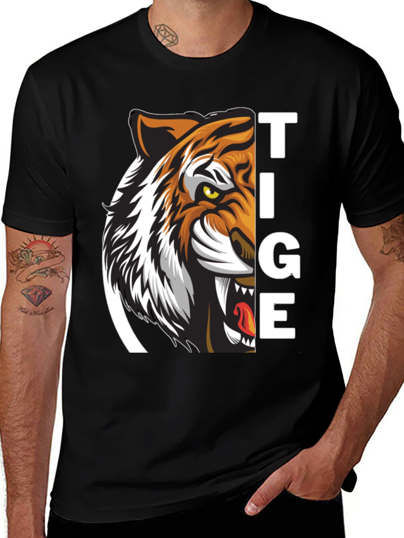 Variant 7 of Tiger Graphic Print Black T-Shirt for Men