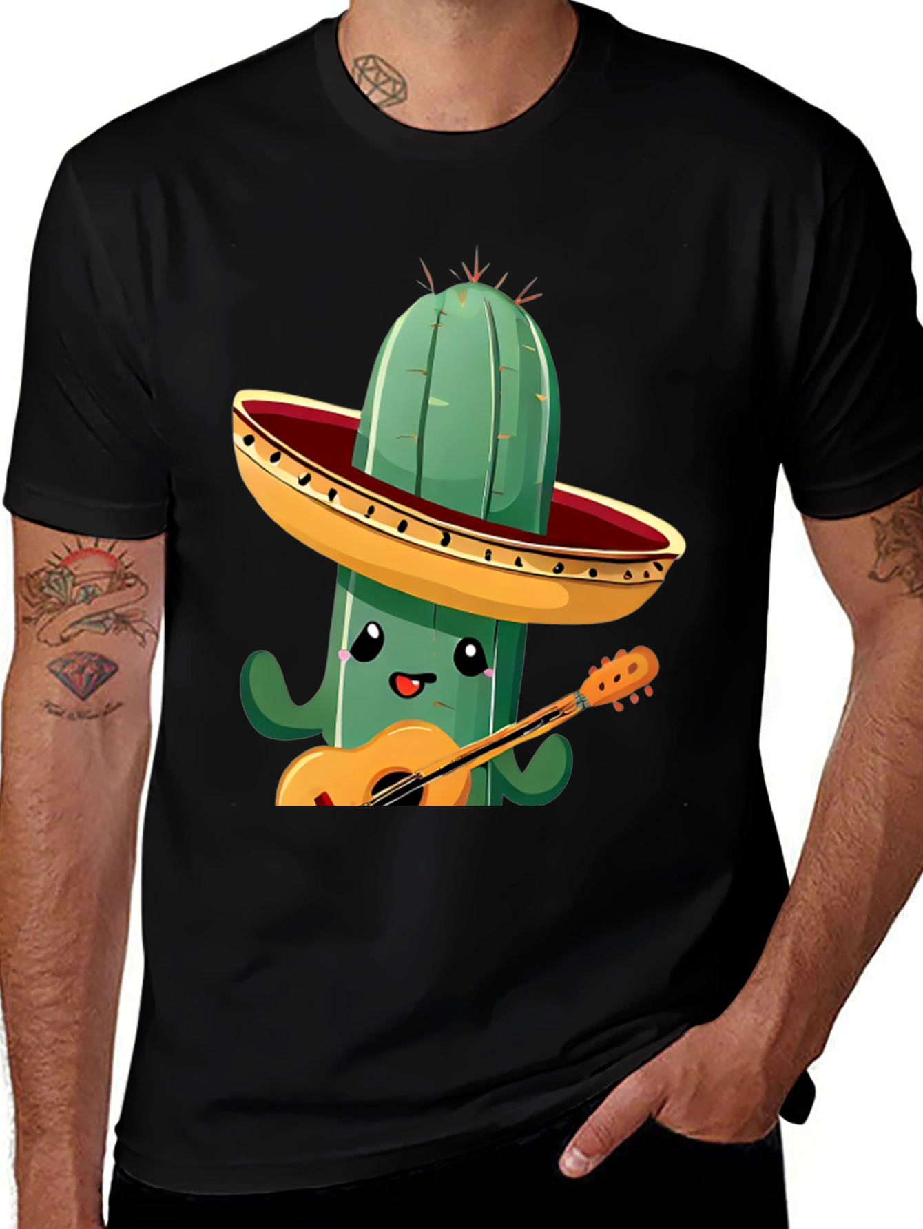 Variant 5 of Cactus Musician Graphic Tee - Black Cotton T-Shirt